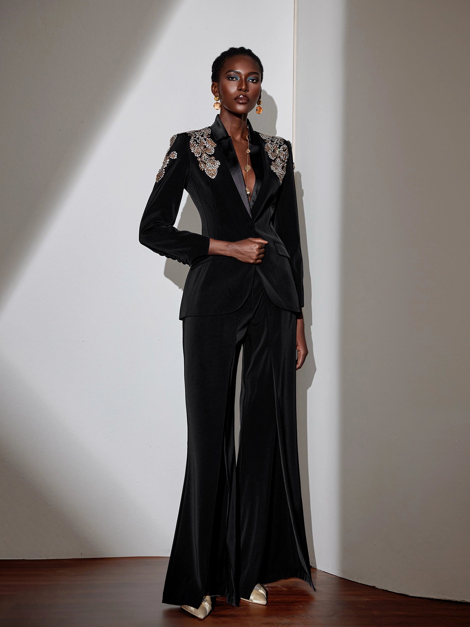 Rhinestone V-Neck Blazer and Slit Pants Two-Piece Set|NOOSGOP