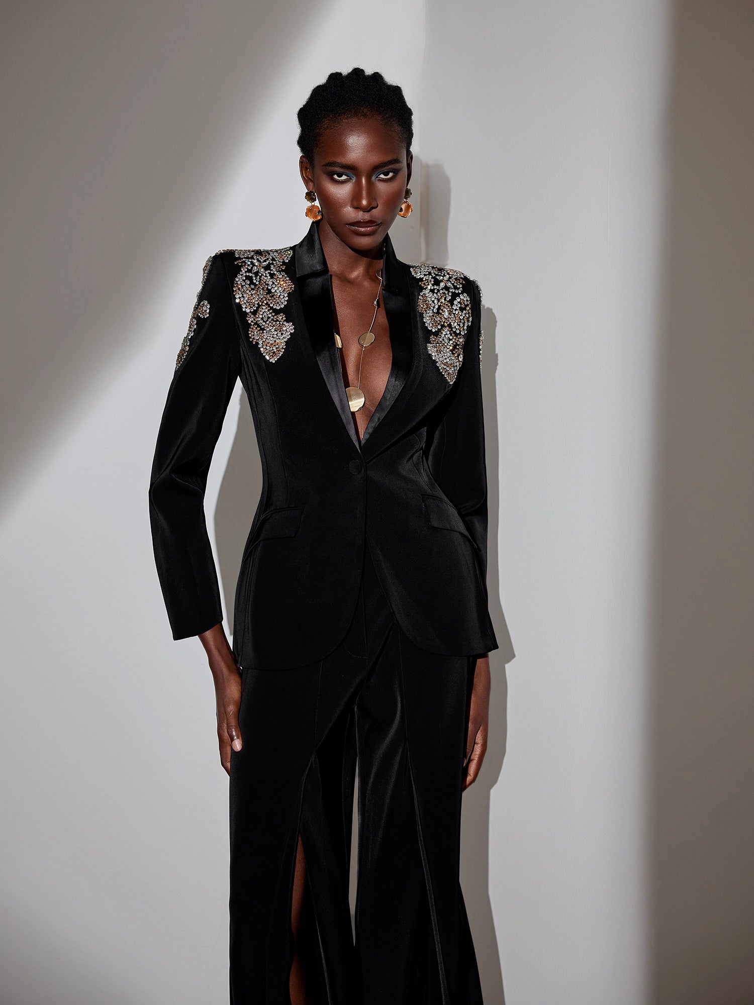 Rhinestone V-Neck Blazer and Slit Pants Two-Piece Set|NOOSGOP