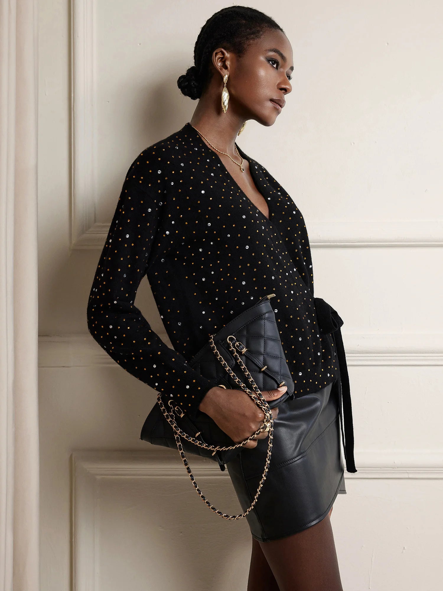 Rhinestone V-Neck Tie-Up Top|NOOSGOP