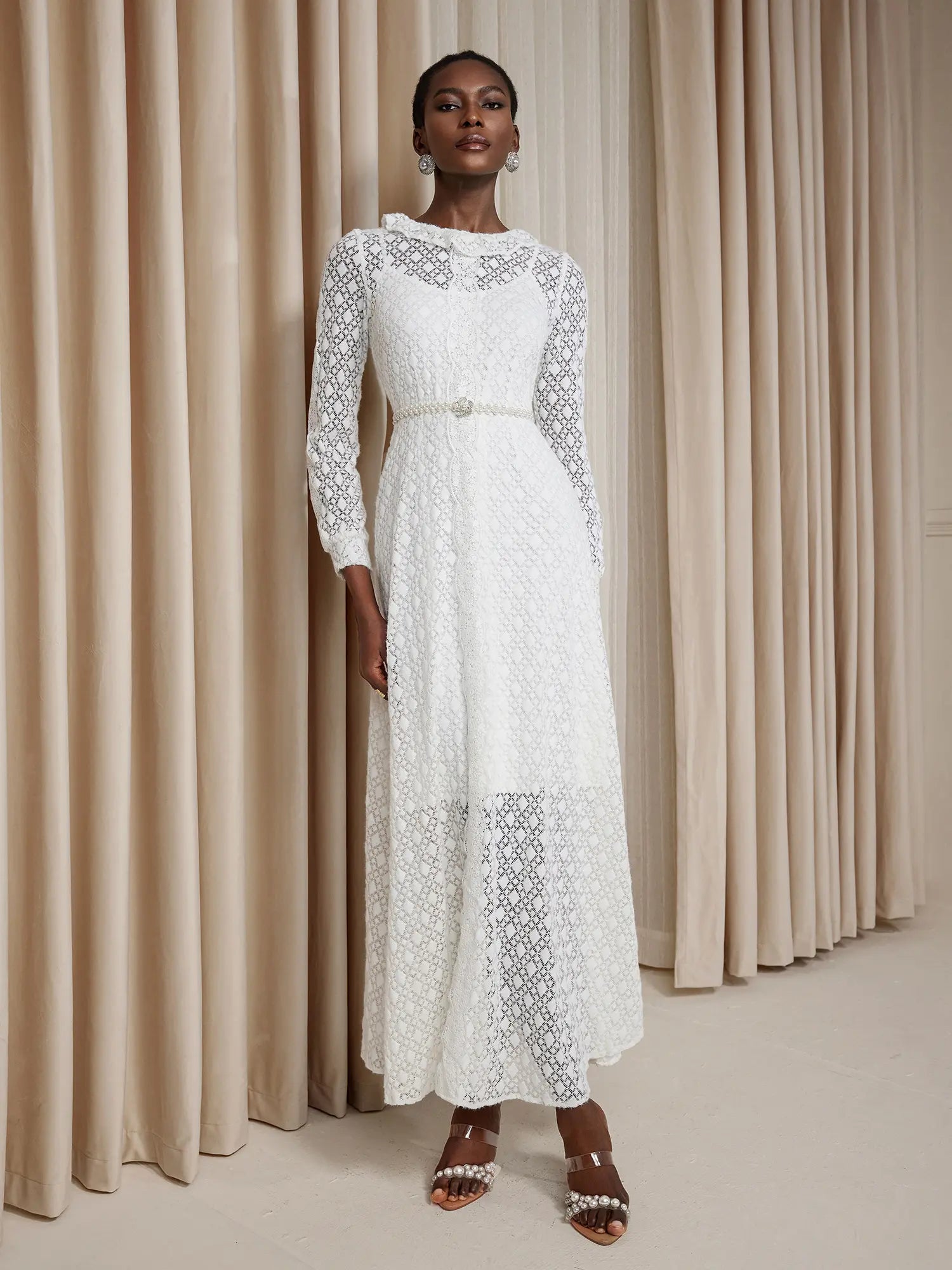 Round Neck Sheer Maxi Dress with Tie|NOOSGOP