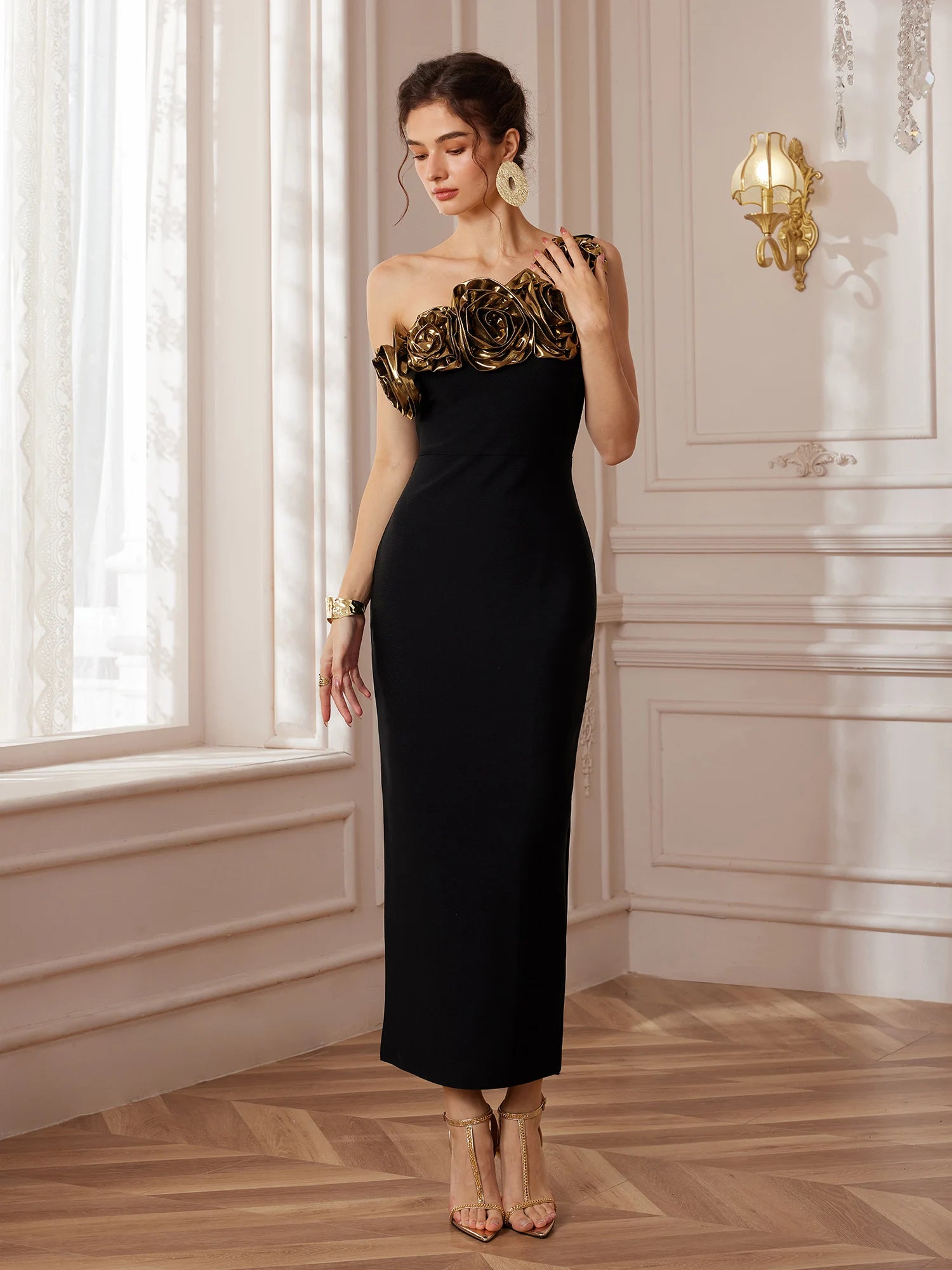 Sculpted Bloom Couture Mermaid Midi Dress|NOOSGOP