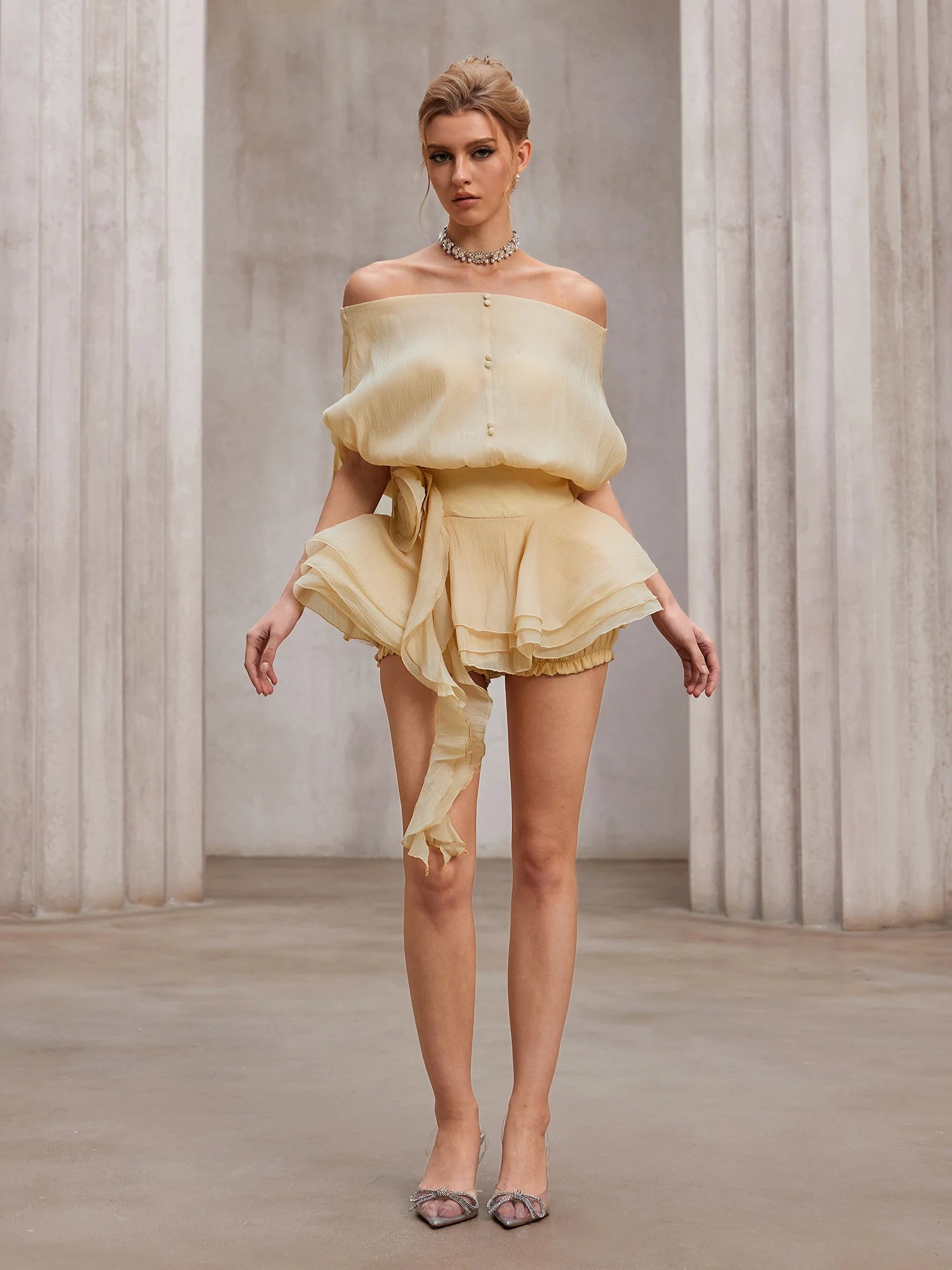 Seersucker Off-Shoulder 3D-Floral Mini Dress with Bottom|NOOSGOP