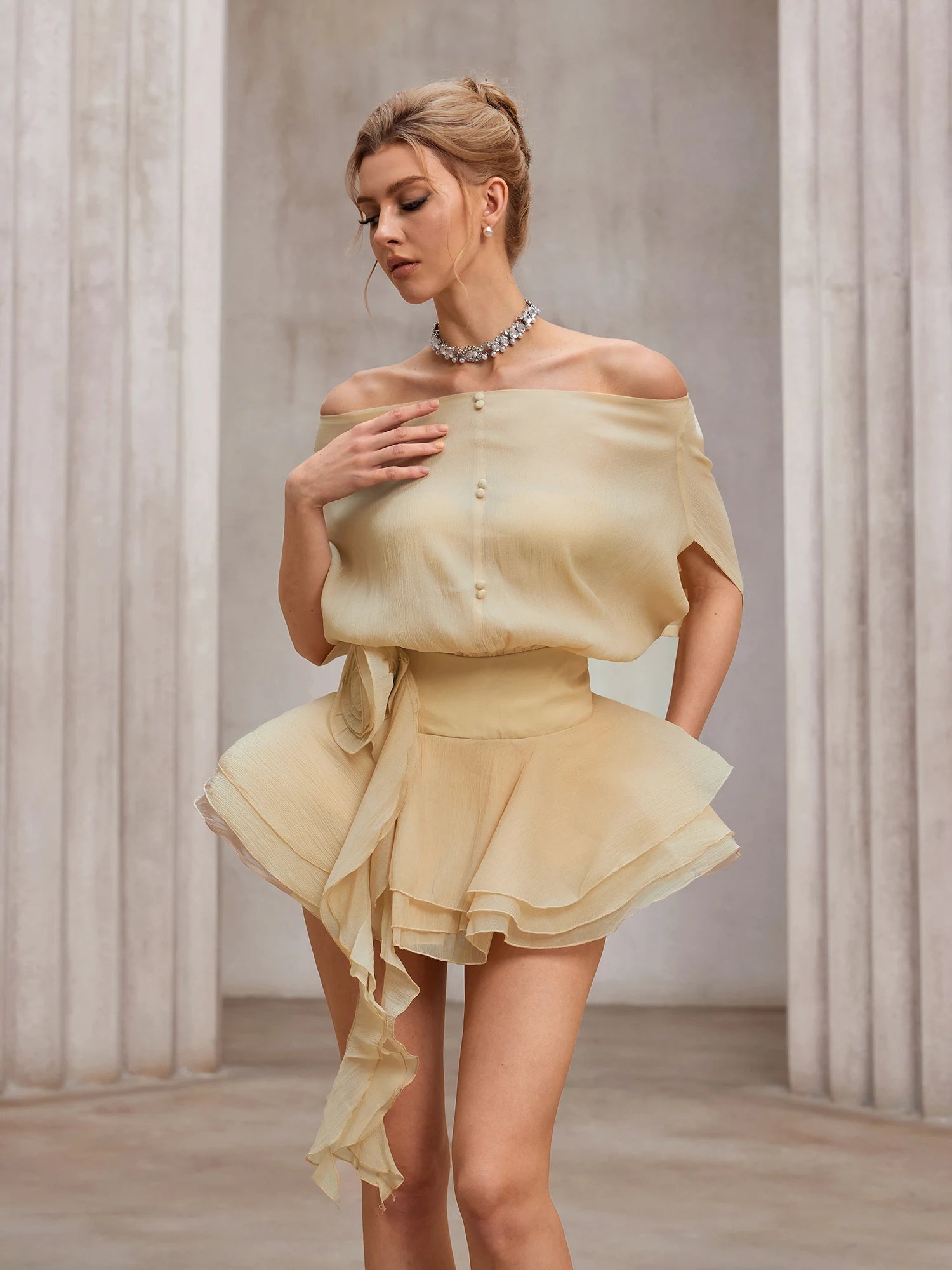 Seersucker Off-Shoulder 3D-Floral Mini Dress with Bottom|NOOSGOP