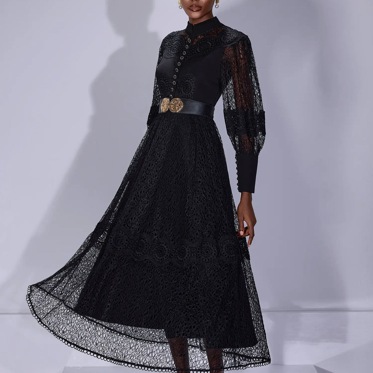 sheer high neck dress Sheer Mesh High-Neck Elegant Maxi Dress Black / M