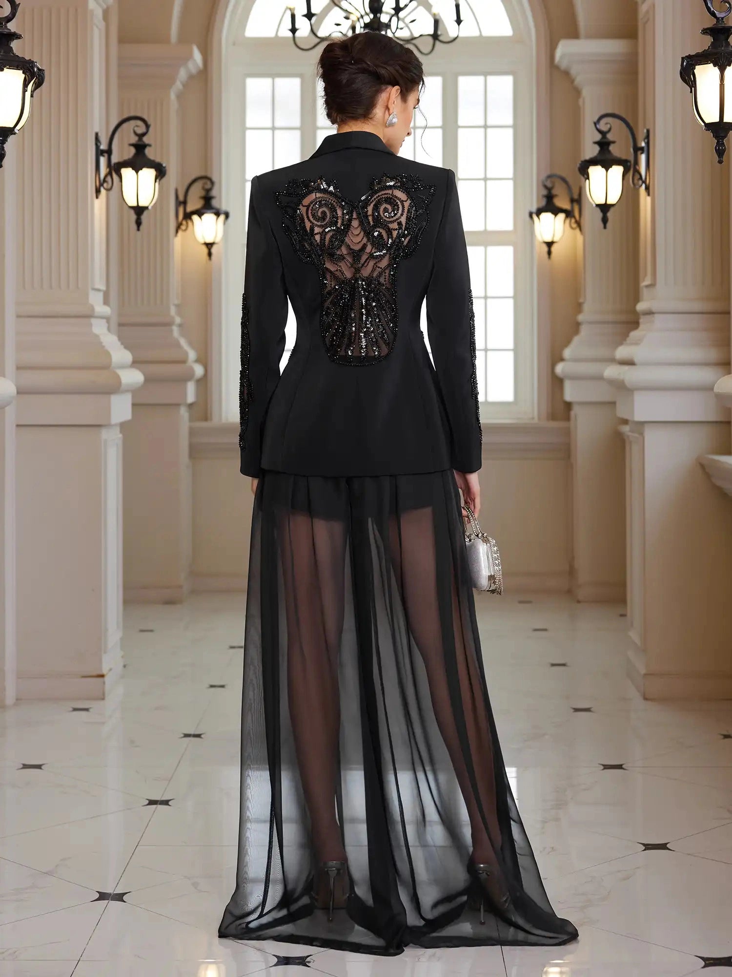 Sheer Sleeve Beaded Jacket Set|NOOSGOP