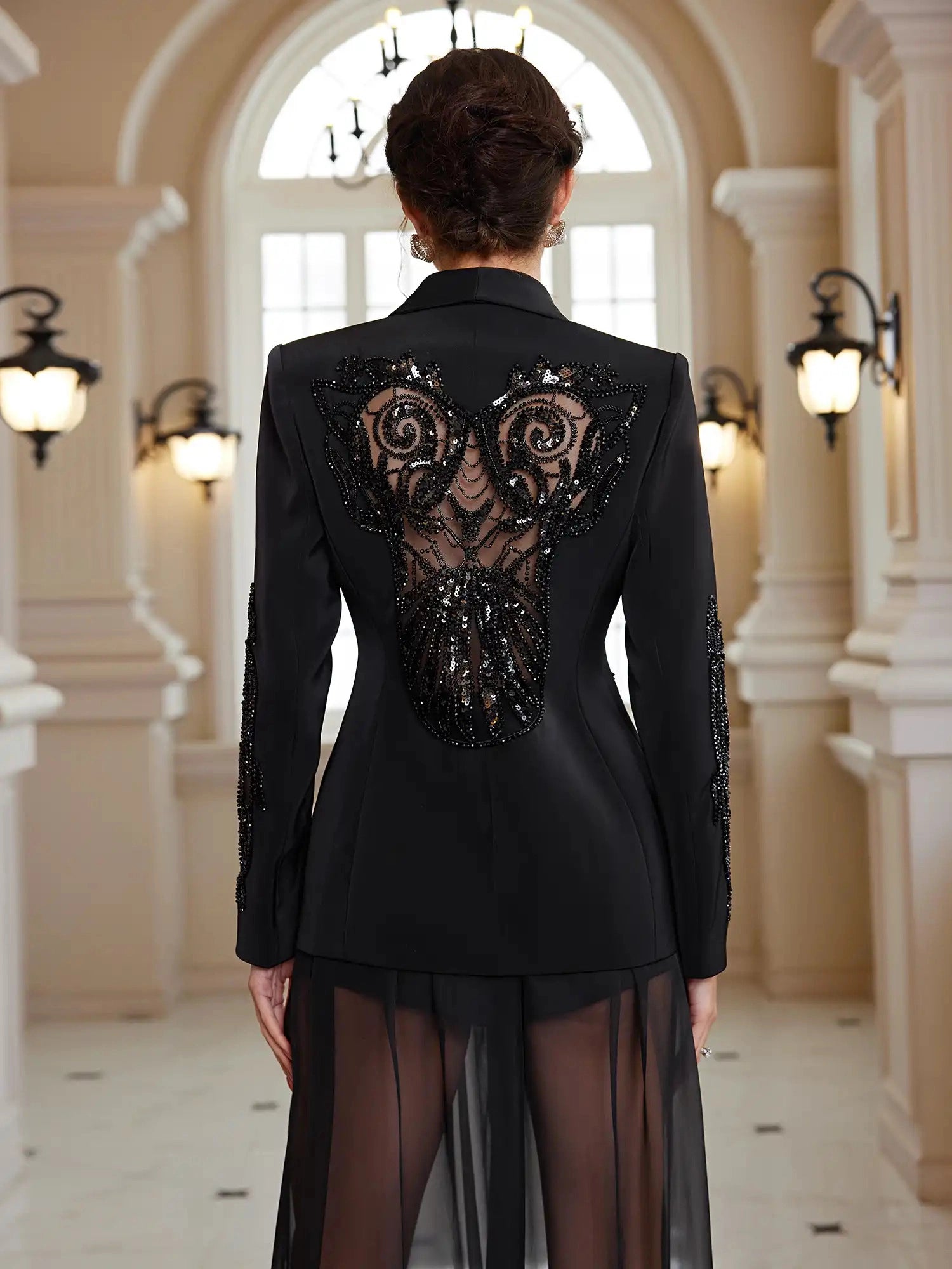 Sheer Sleeve Beaded Jacket Set|NOOSGOP
