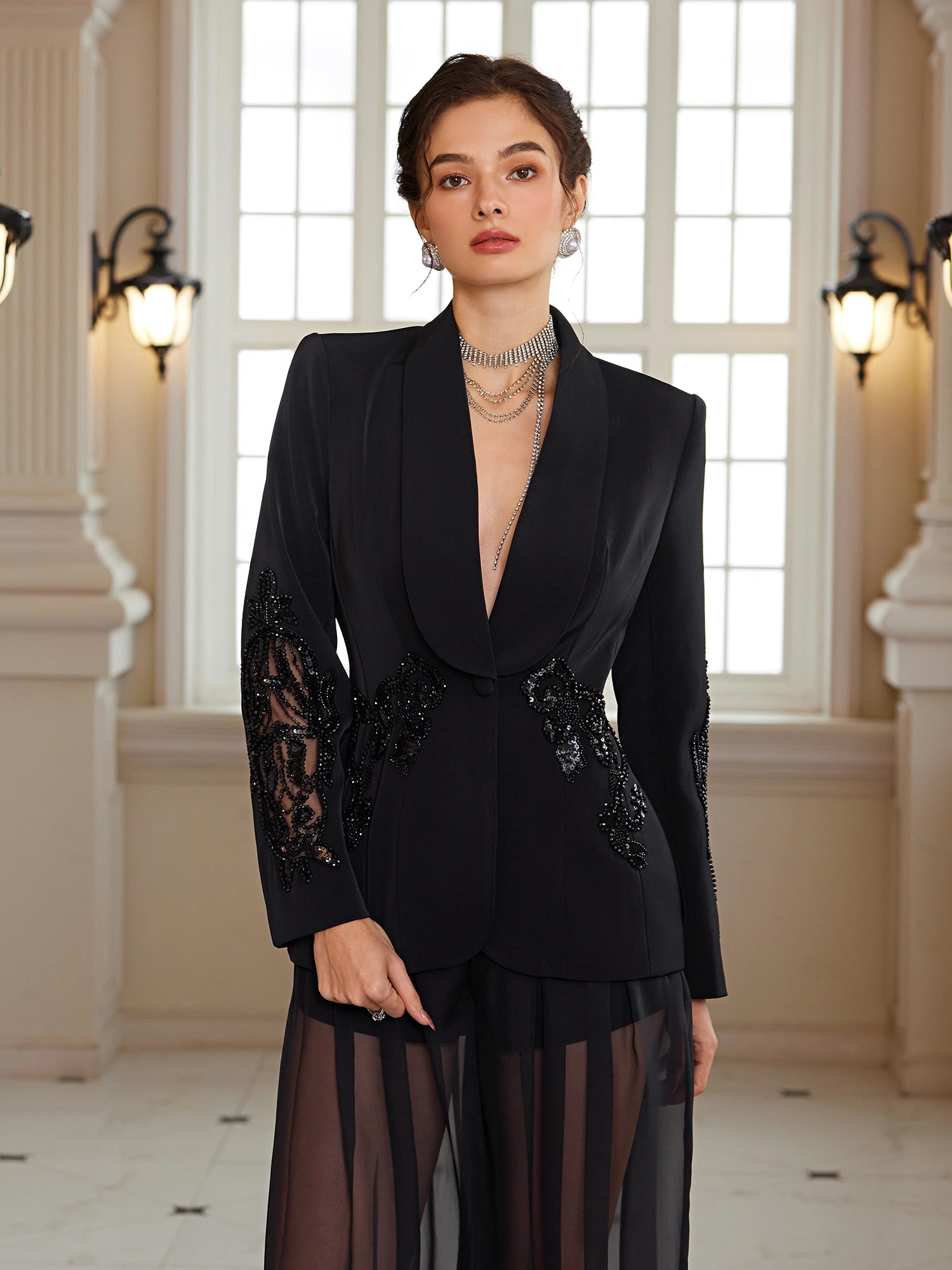 Sheer Sleeve Beaded Jacket Set|NOOSGOP