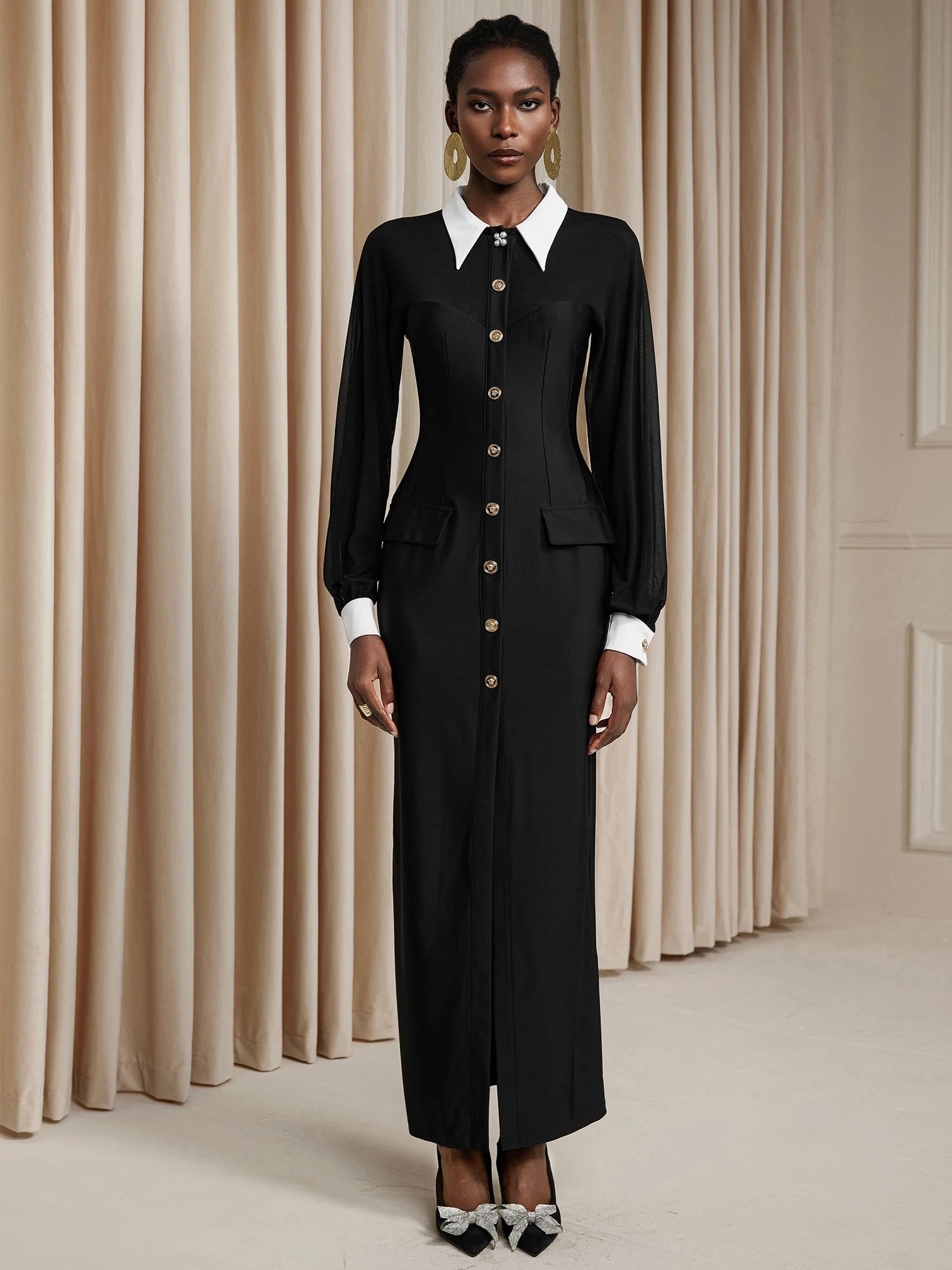 Sheer Upper Shoulder High Slit Midi Dress|NOOSGOP