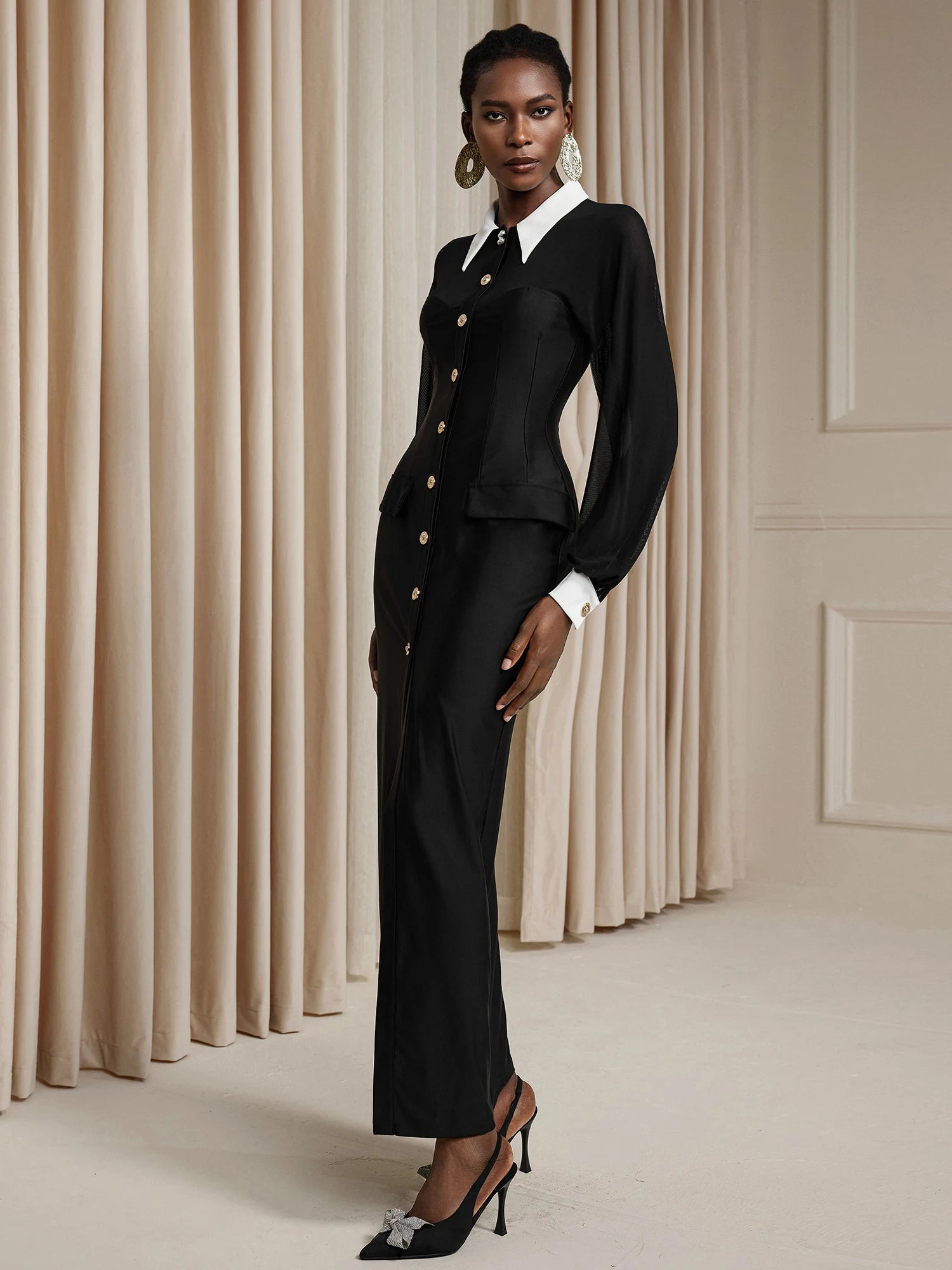 Sheer Upper Shoulder High Slit Midi Dress|NOOSGOP