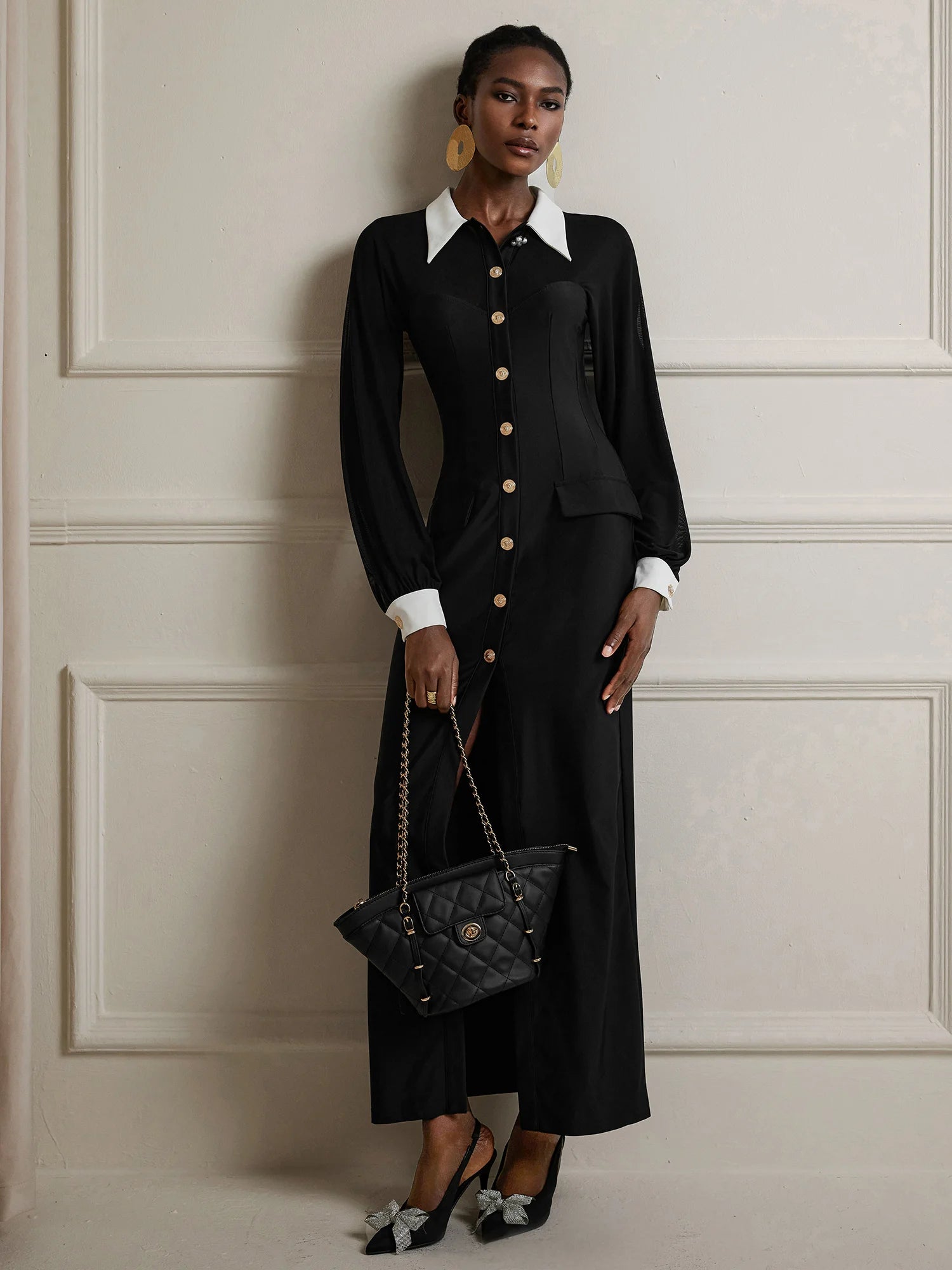 Sheer Upper Shoulder High Slit Midi Dress|NOOSGOP