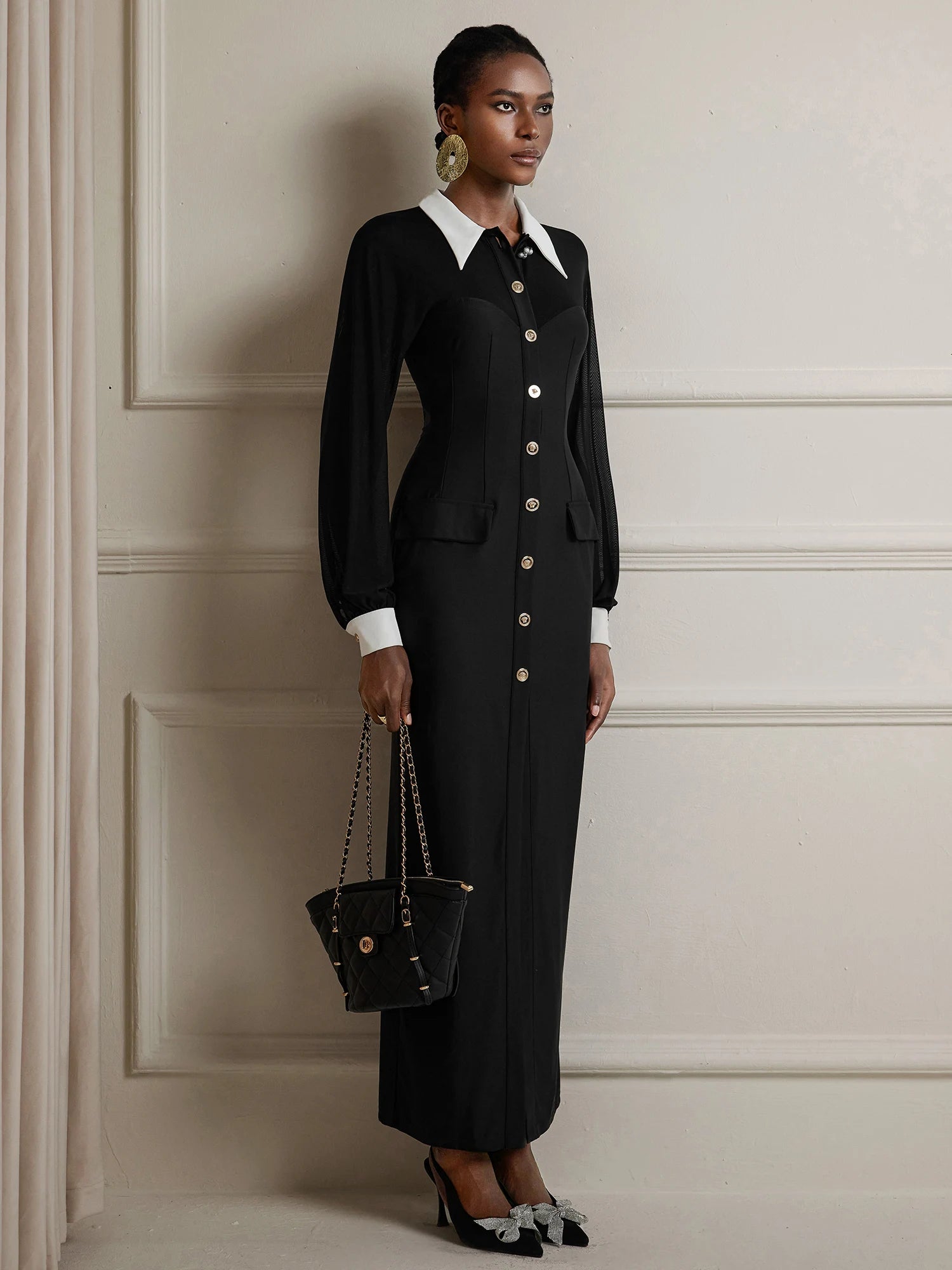 Sheer Upper Shoulder High Slit Midi Dress|NOOSGOP