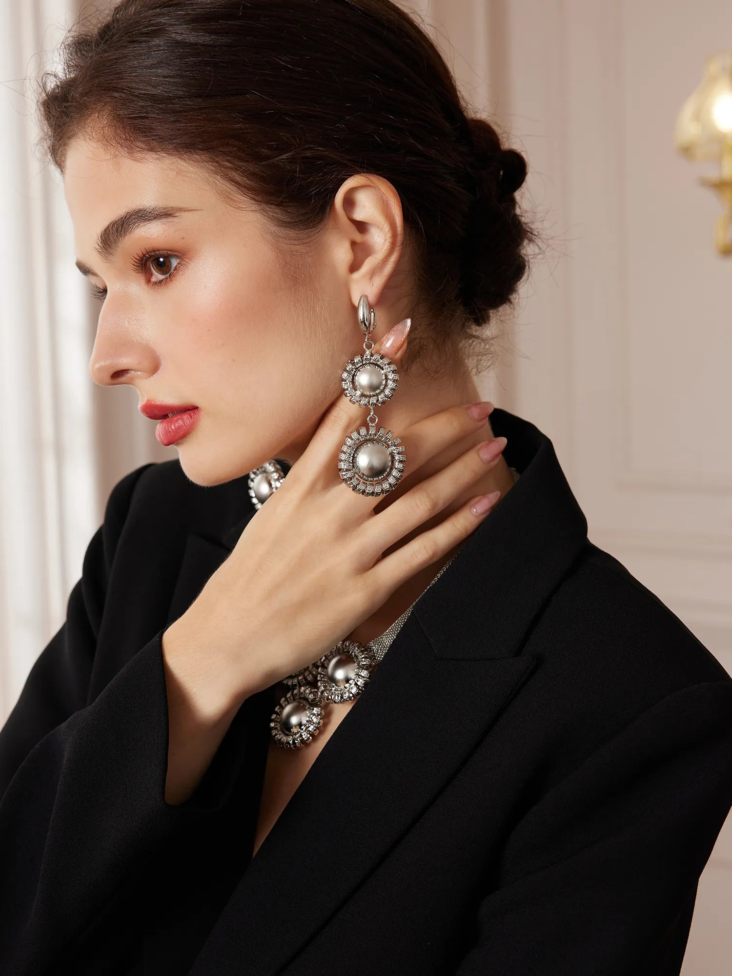 Silver Large Flower Beaded Necklace Earring Set|NOOSGOP