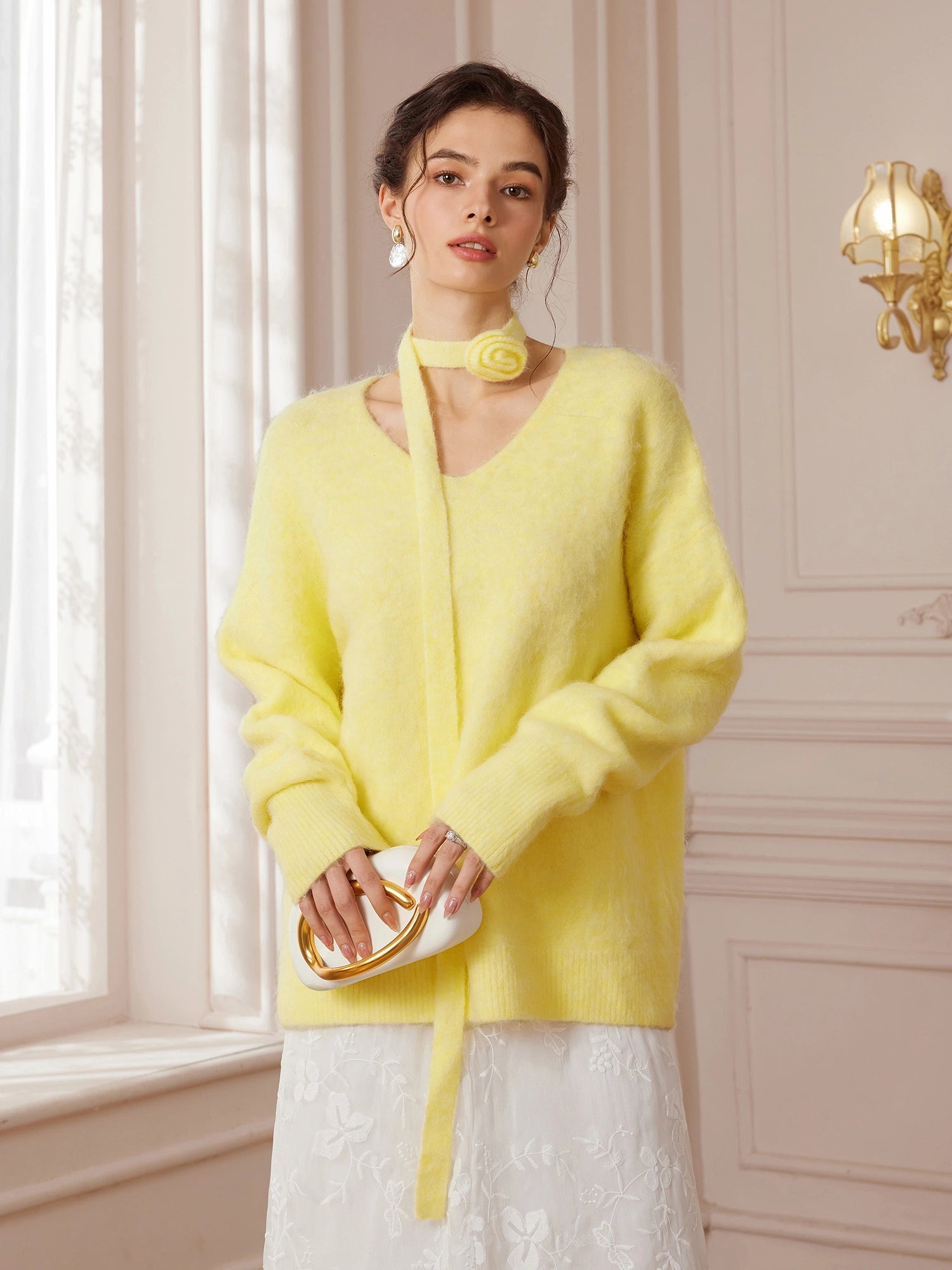 Soft Yellow V-Neck Sweater with Flower Choker|NOOSGOP