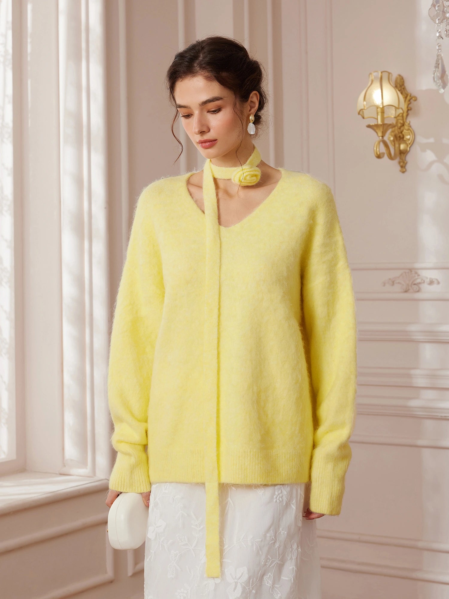 Soft Yellow V-Neck Sweater with Flower Choker|NOOSGOP