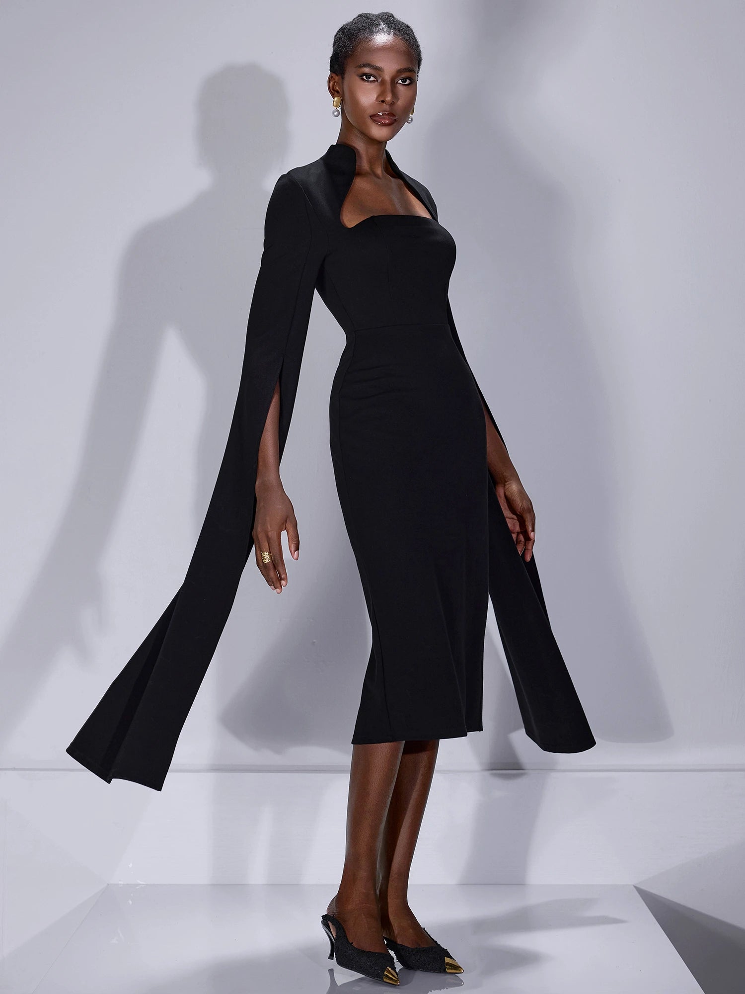 Split Cape Sleeves Midi Dress|NOOSGOP