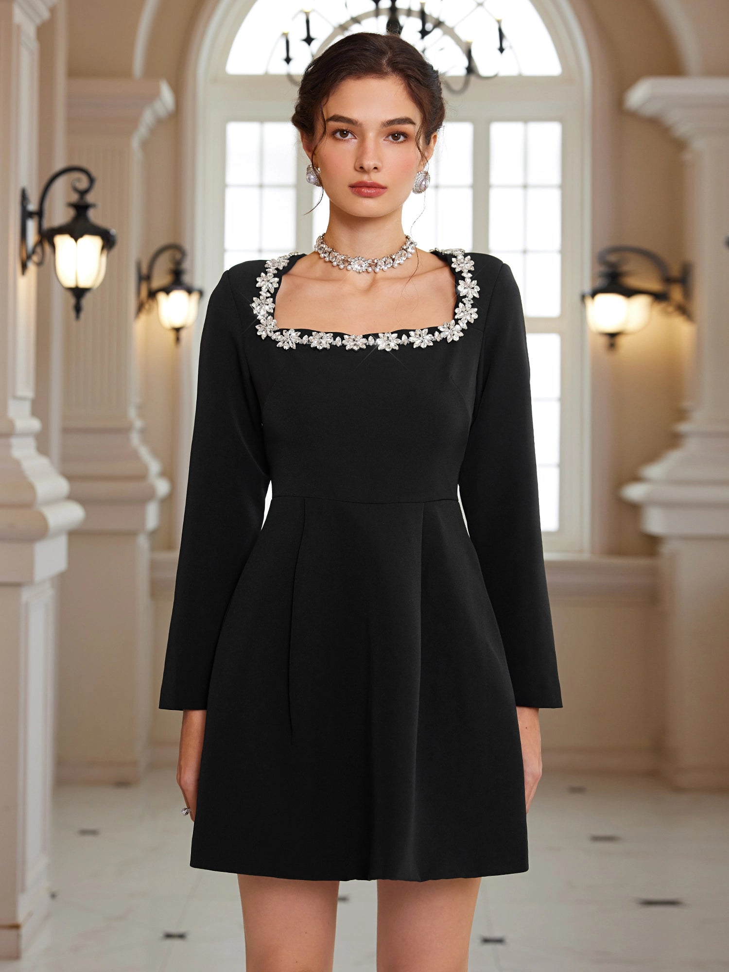 Square-Neck Crystal-Waist Mini Dress|NOOSGOP