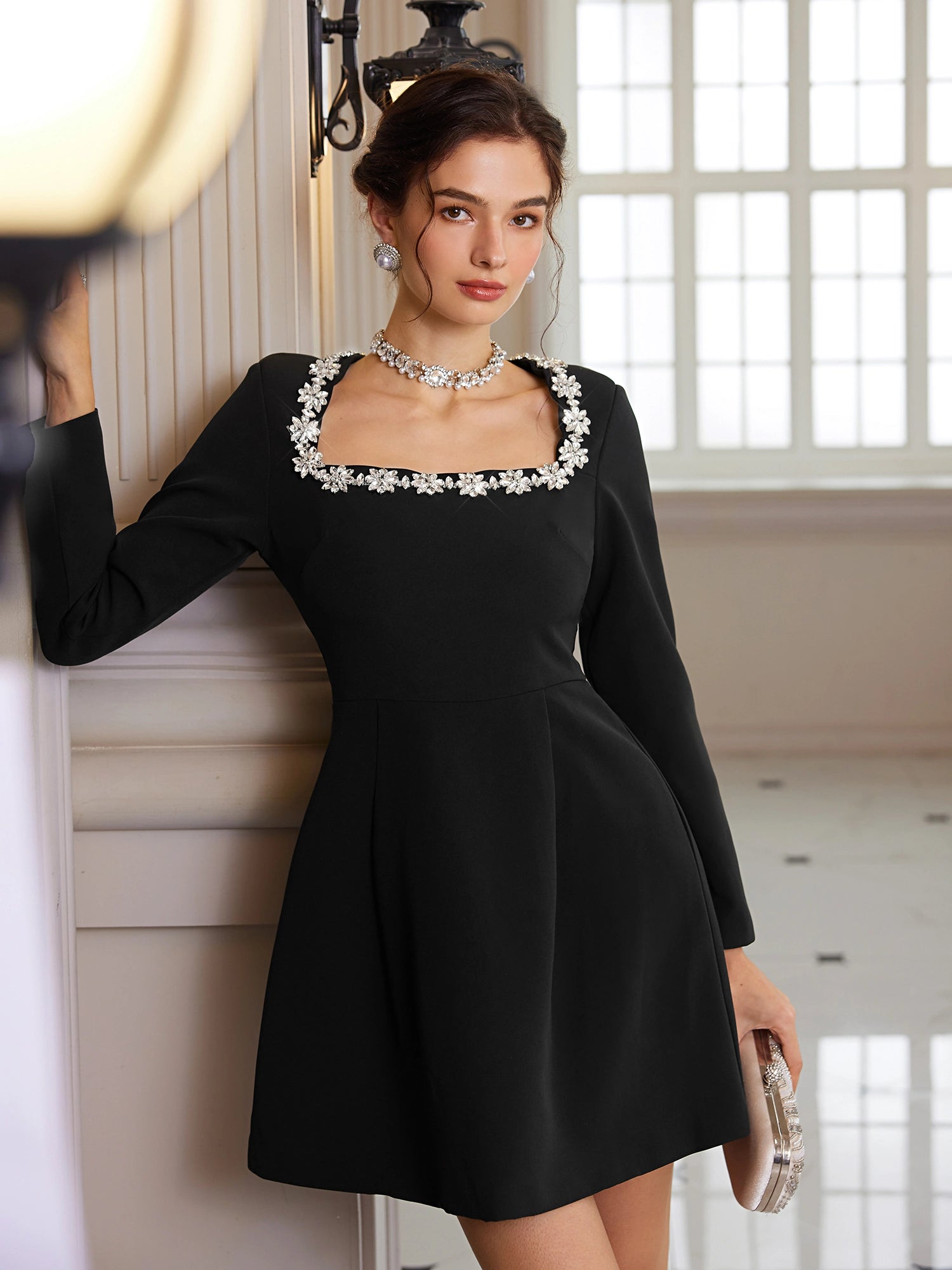 Square-Neck Crystal-Waist Mini Dress|NOOSGOP