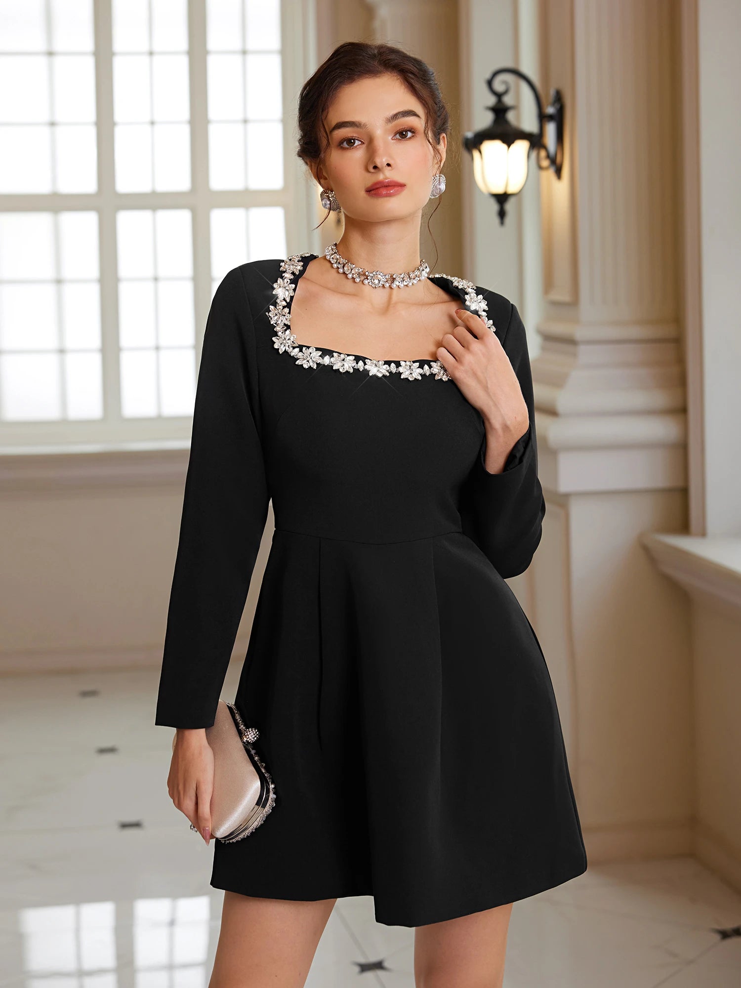 Square-Neck Crystal-Waist Mini Dress|NOOSGOP