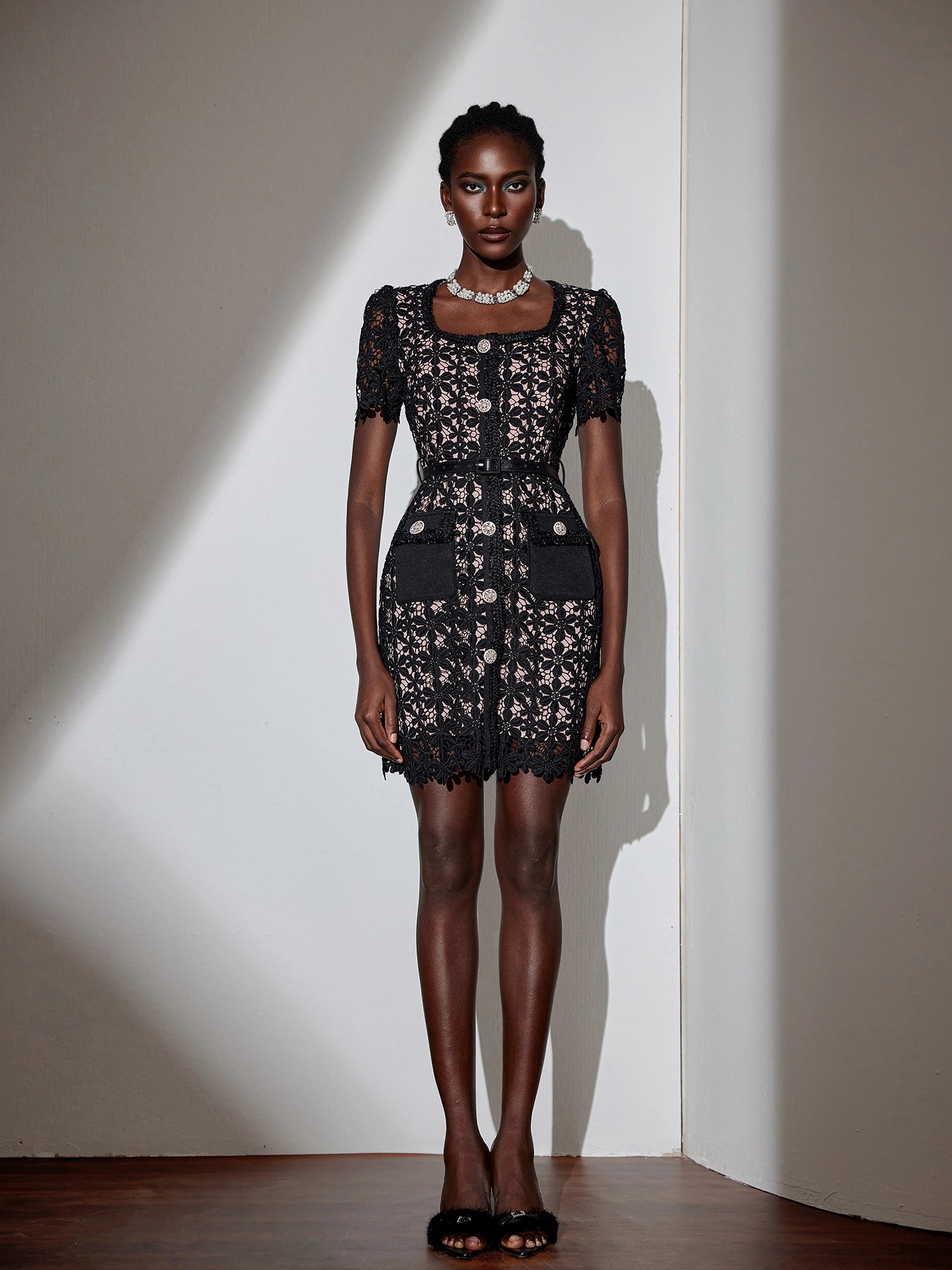 Square Neck Patterned Mesh Mini Dress|NOOSGOP