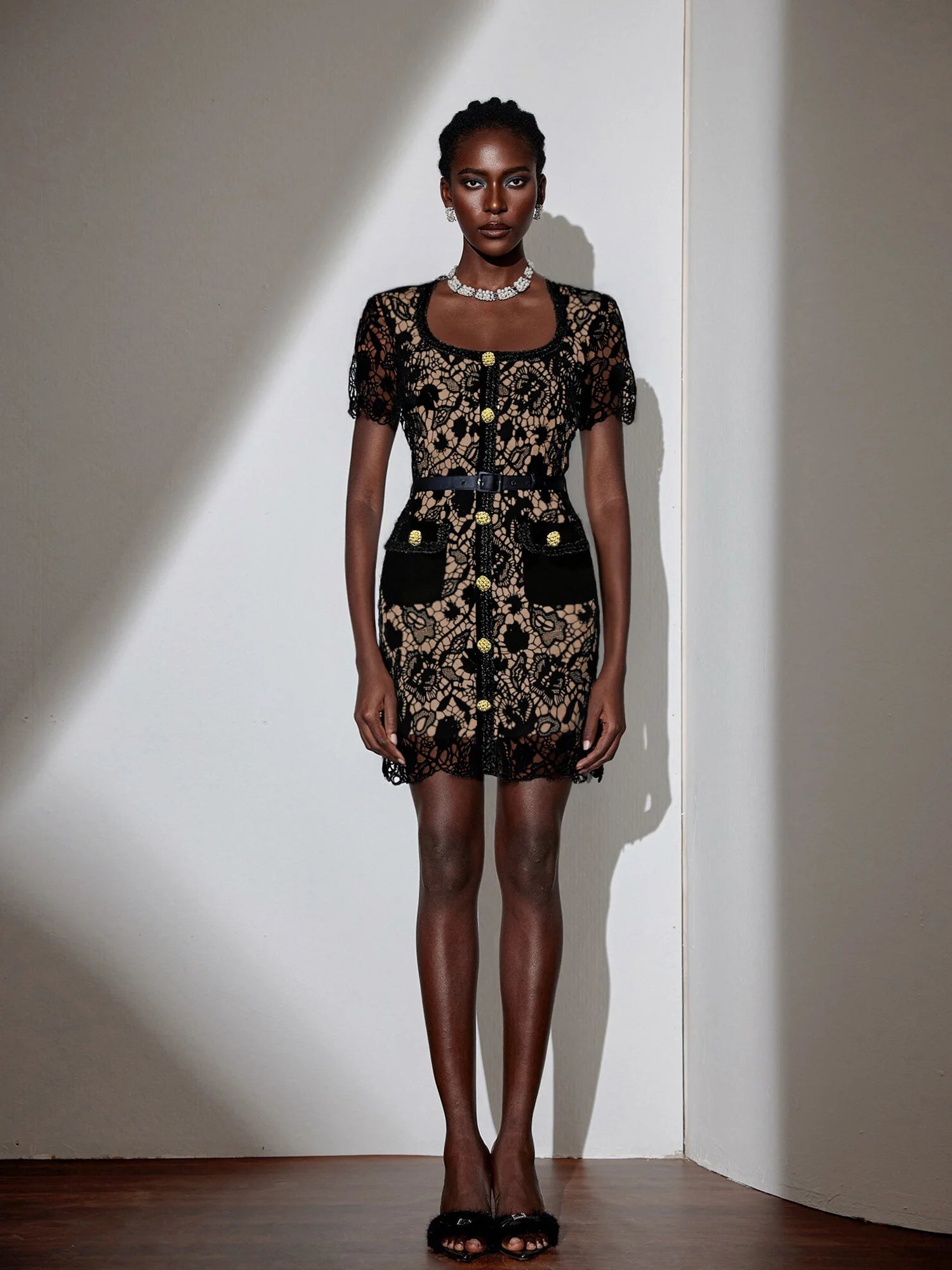 Square Neck Patterned Mesh Mini Dress|NOOSGOP