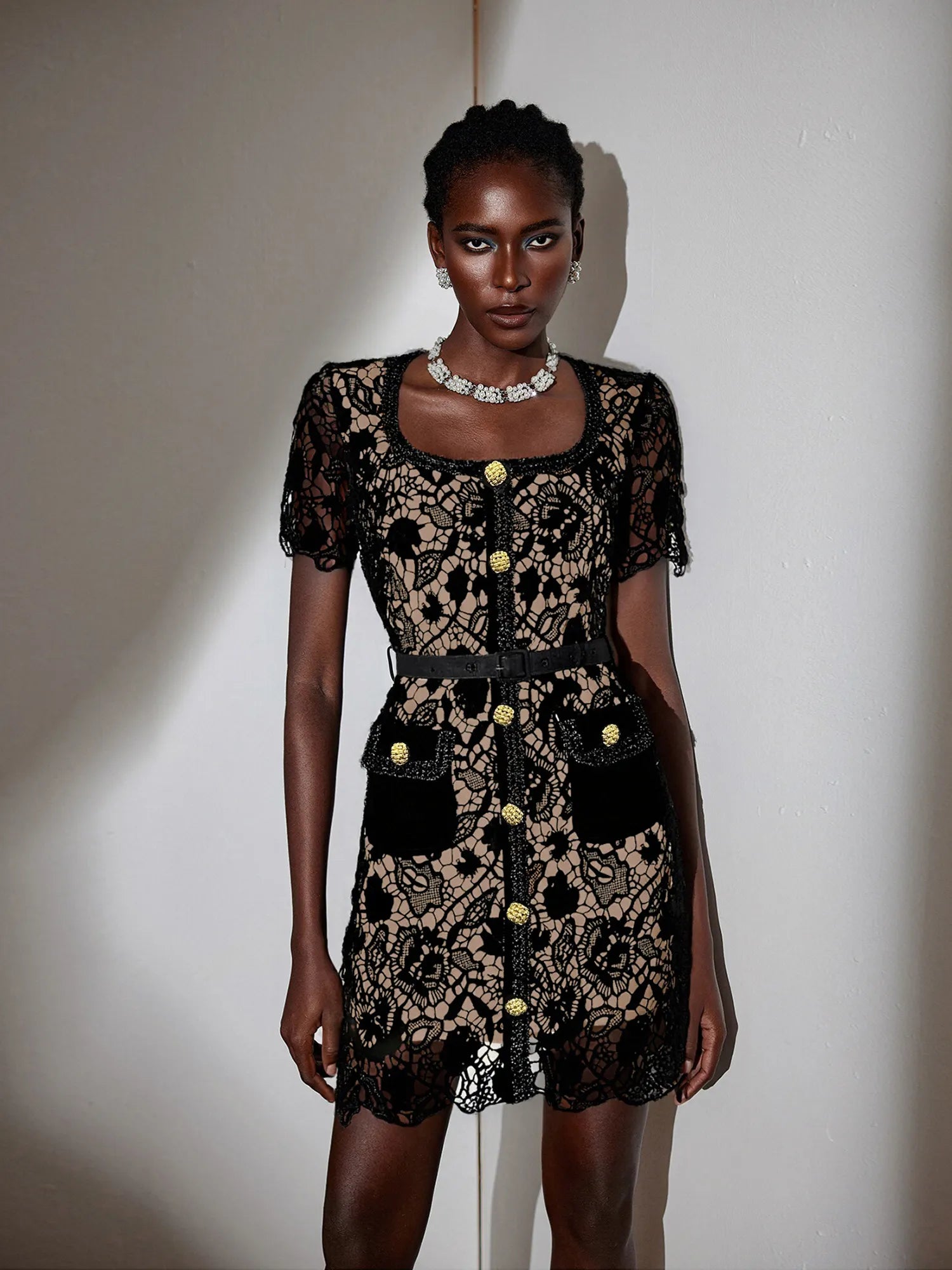 Square Neck Patterned Mesh Mini Dress|NOOSGOP