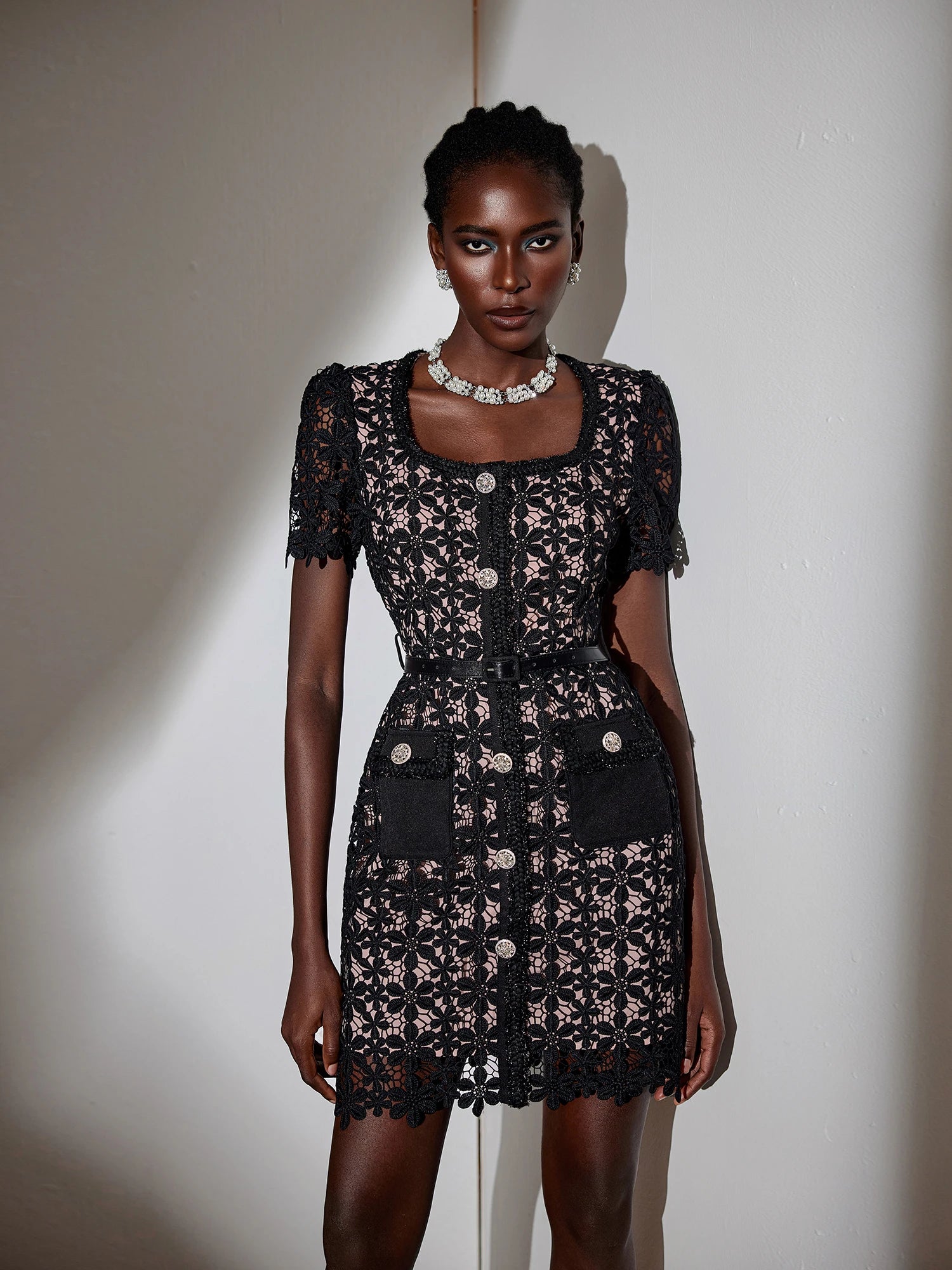 Square Neck Patterned Mesh Mini Dress|NOOSGOP