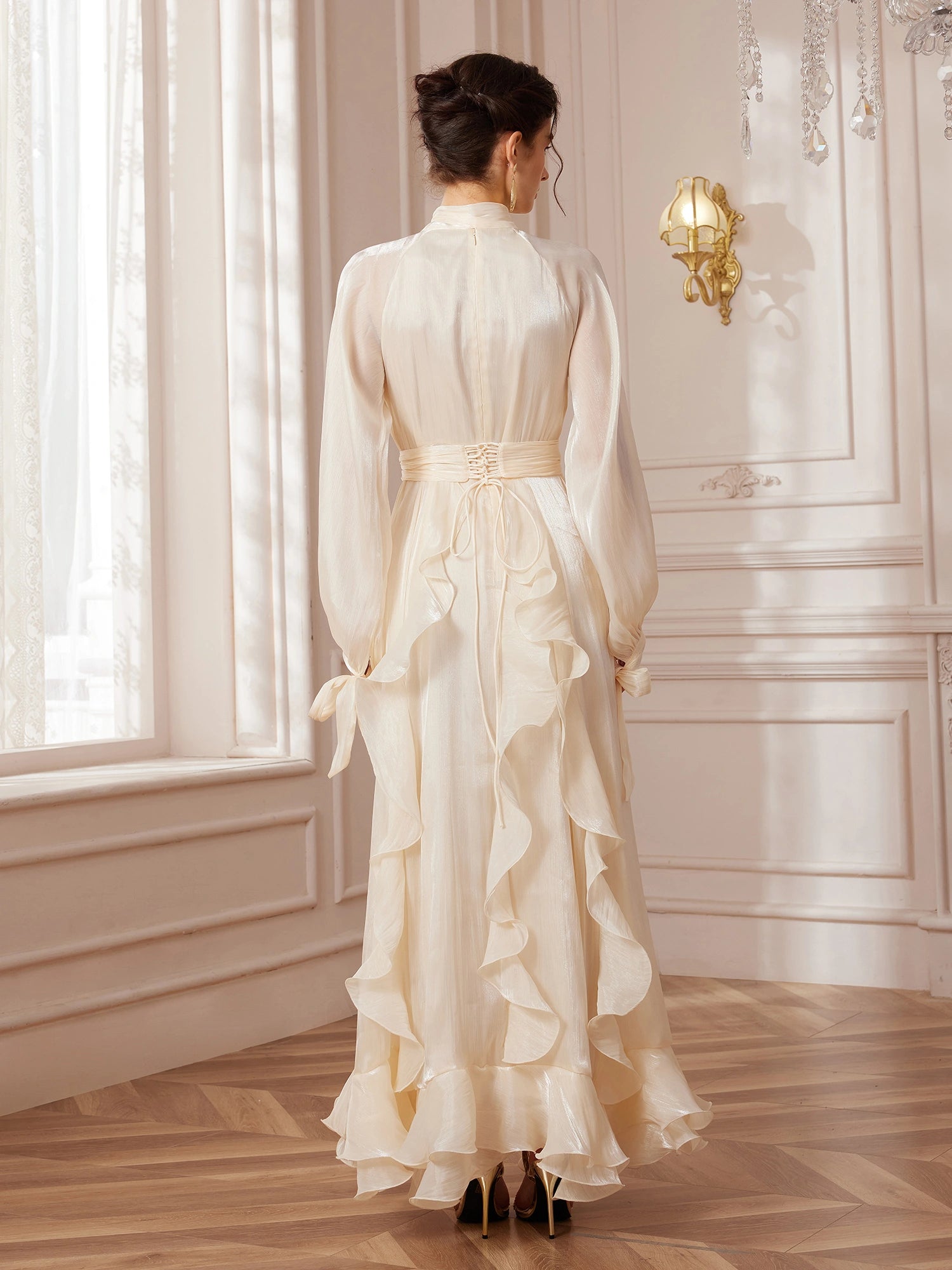 Stand-Collar Lantern-Sleeve Corset-Pleat Maxi Dress|NOOSGOP