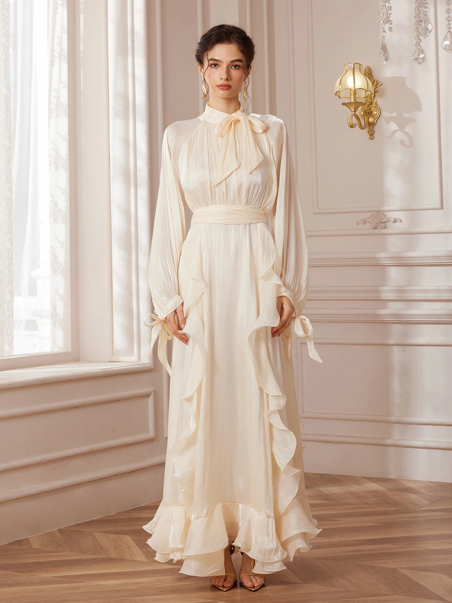 Stand-Collar Lantern-Sleeve Corset-Pleat Maxi Dress|NOOSGOP