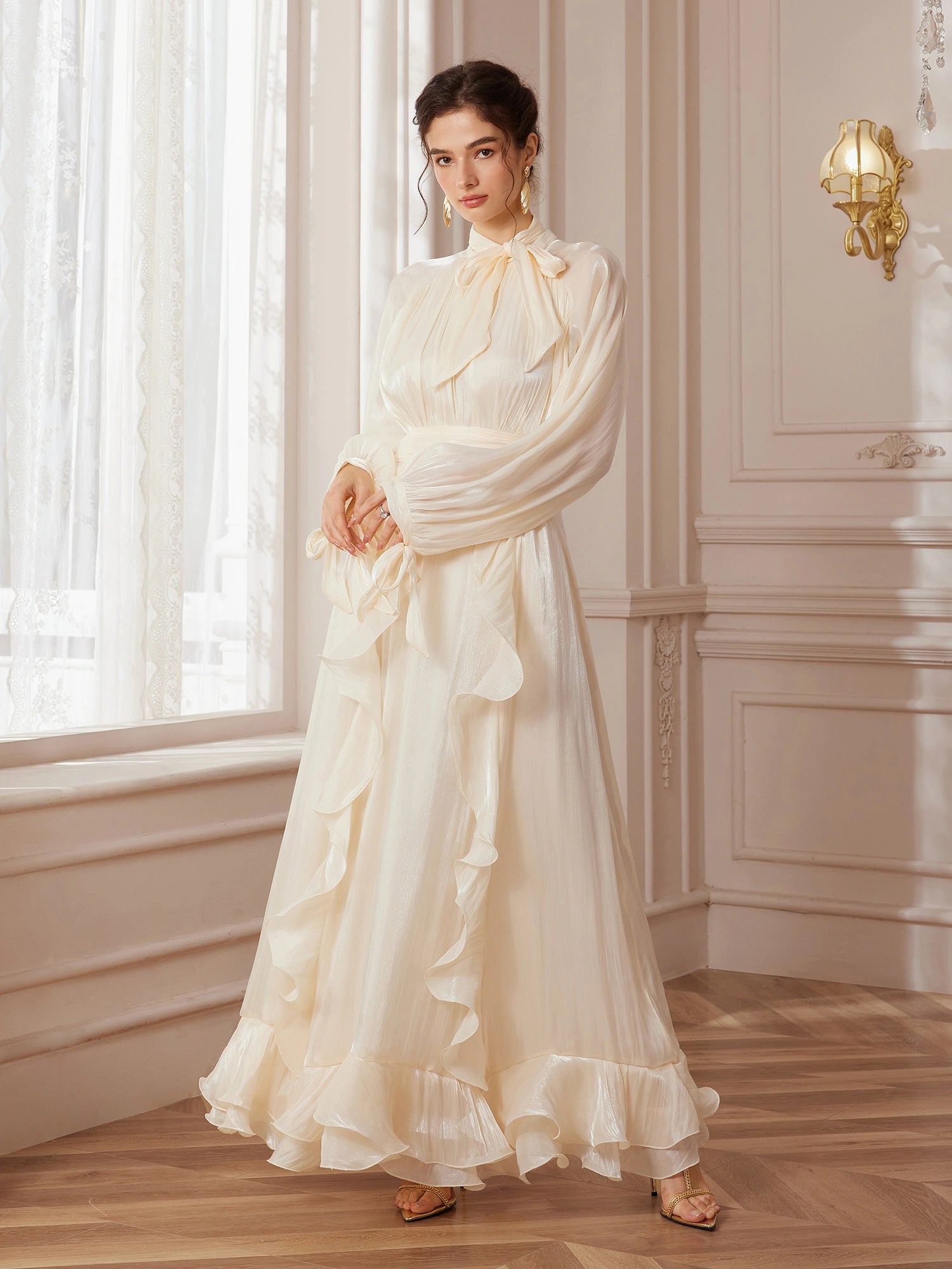 Stand-Collar Lantern-Sleeve Corset-Pleat Maxi Dress|NOOSGOP