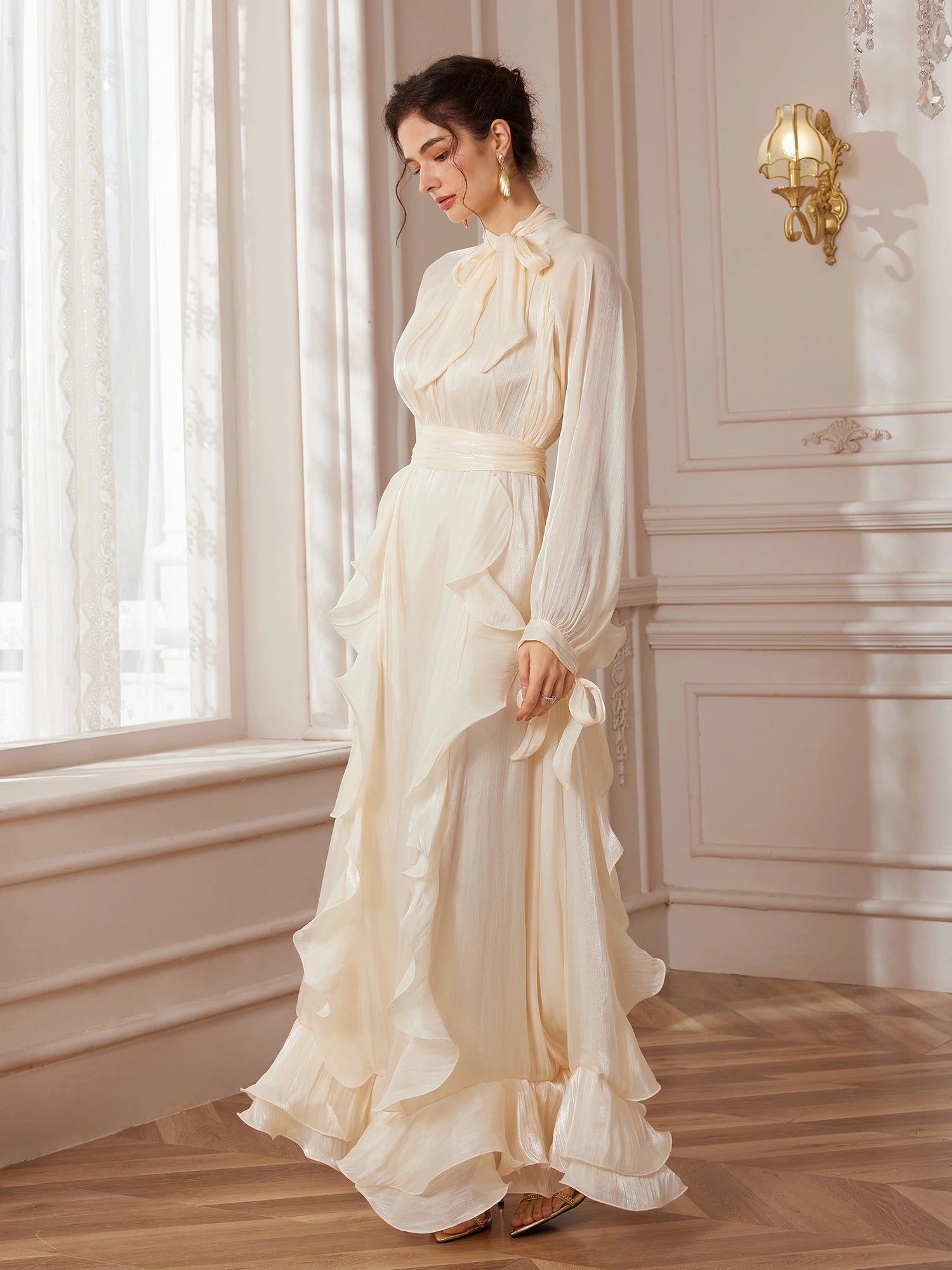 Stand-Collar Lantern-Sleeve Corset-Pleat Maxi Dress|NOOSGOP