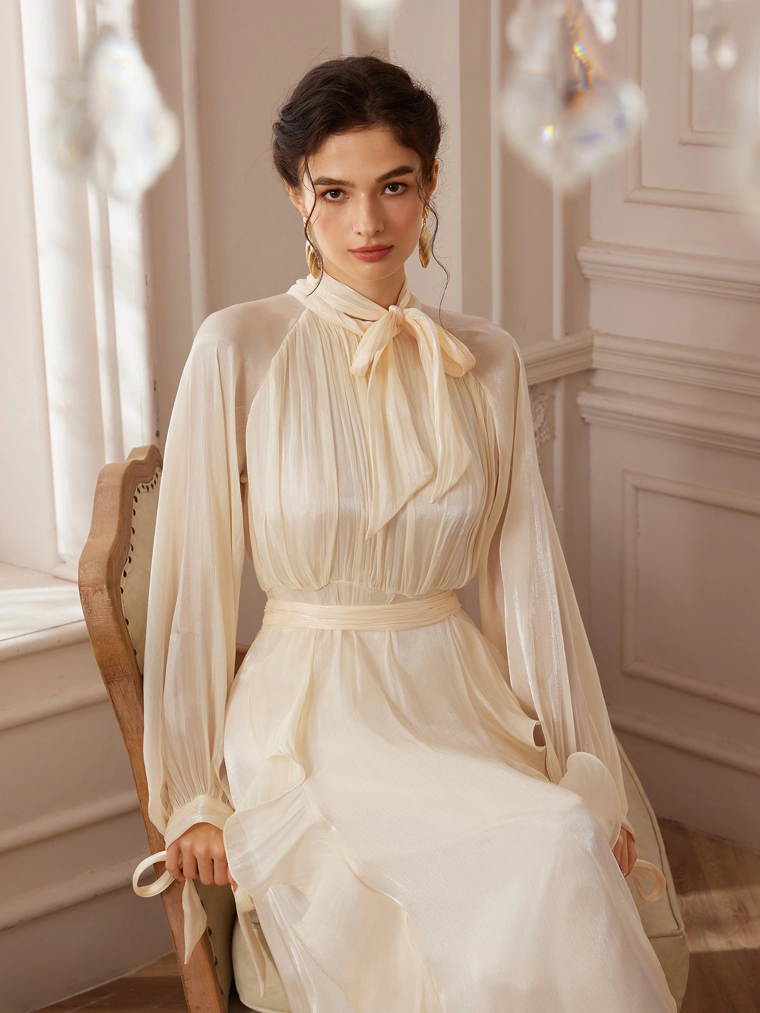 Stand-Collar Lantern-Sleeve Corset-Pleat Maxi Dress|NOOSGOP