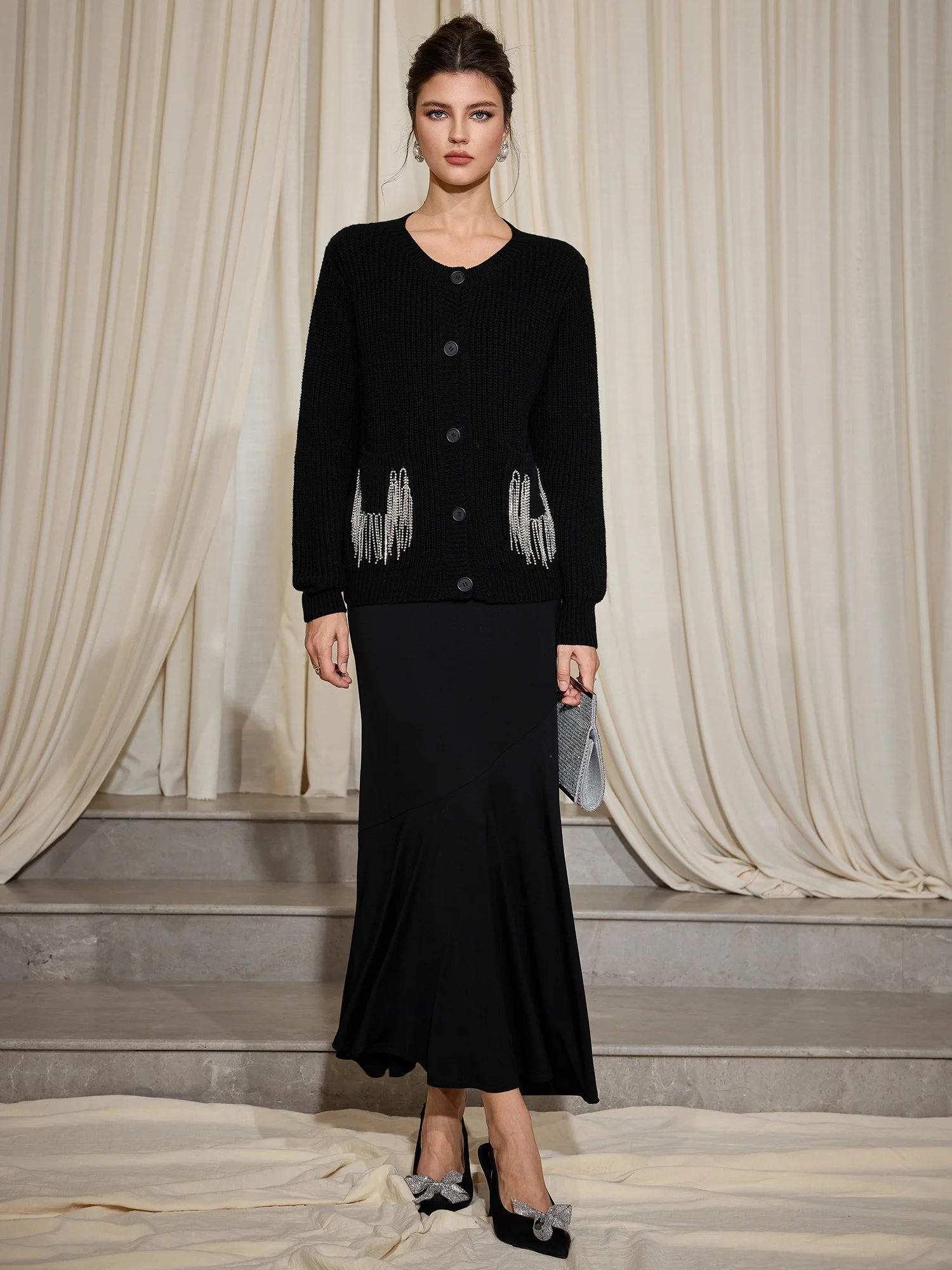 Tassel Pocket Open Shoulder Cardigan|NOOSGOP