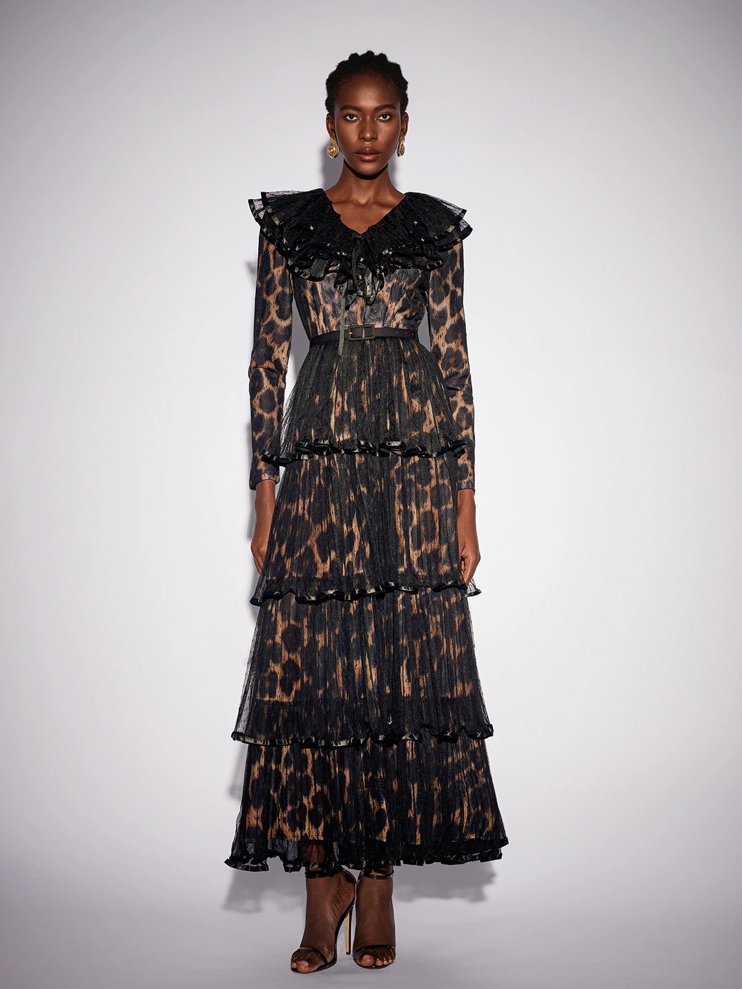 V-Neck Leopard Pleated Mesh Maxi Dress|NOOSGOP