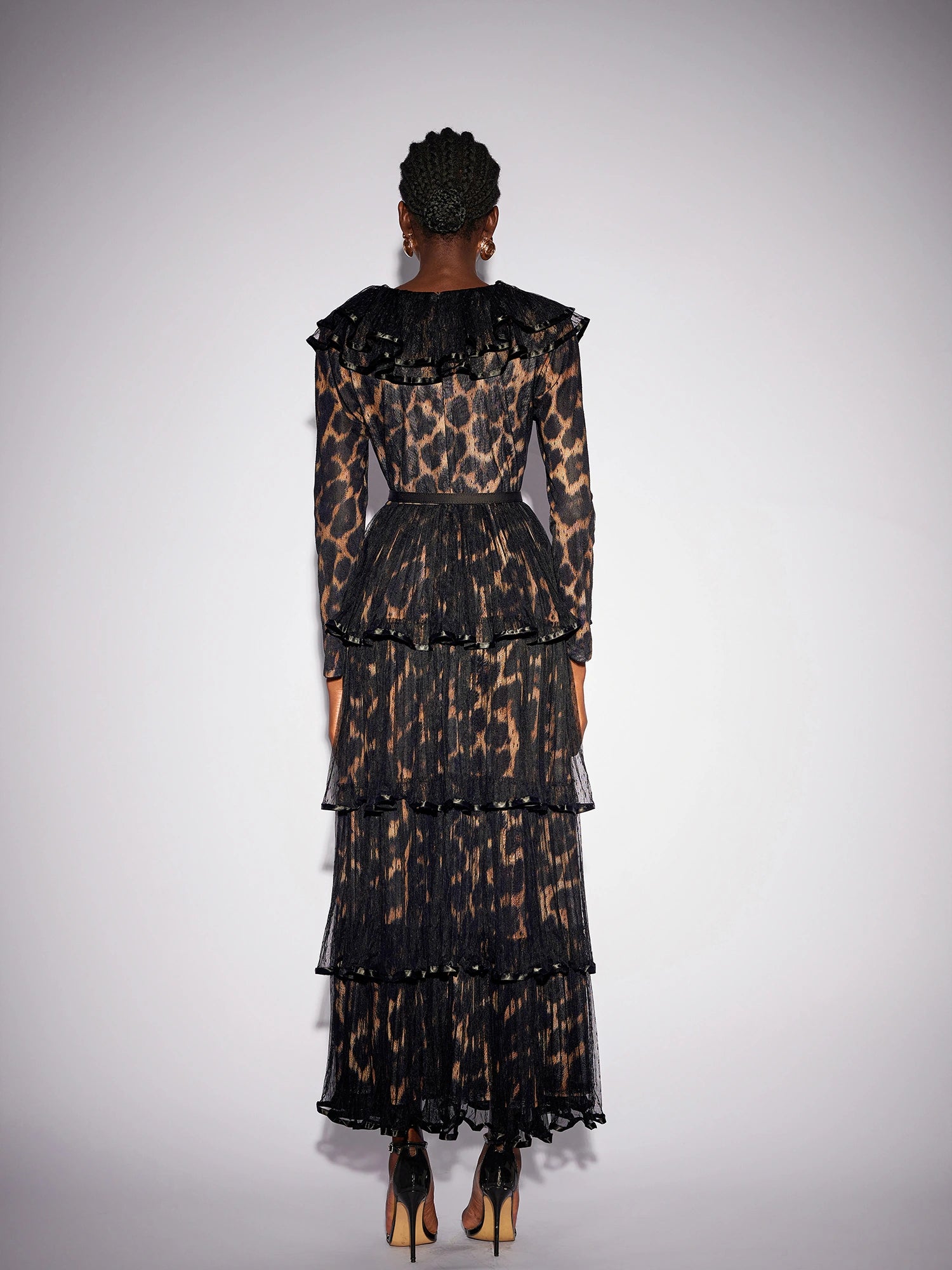 V-Neck Leopard Pleated Mesh Maxi Dress|NOOSGOP