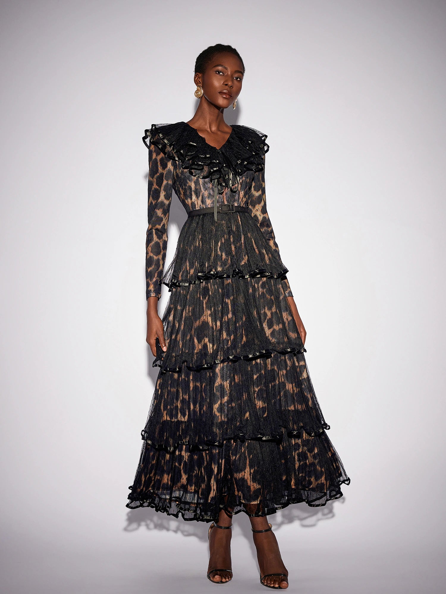 V-Neck Leopard Pleated Mesh Maxi Dress|NOOSGOP