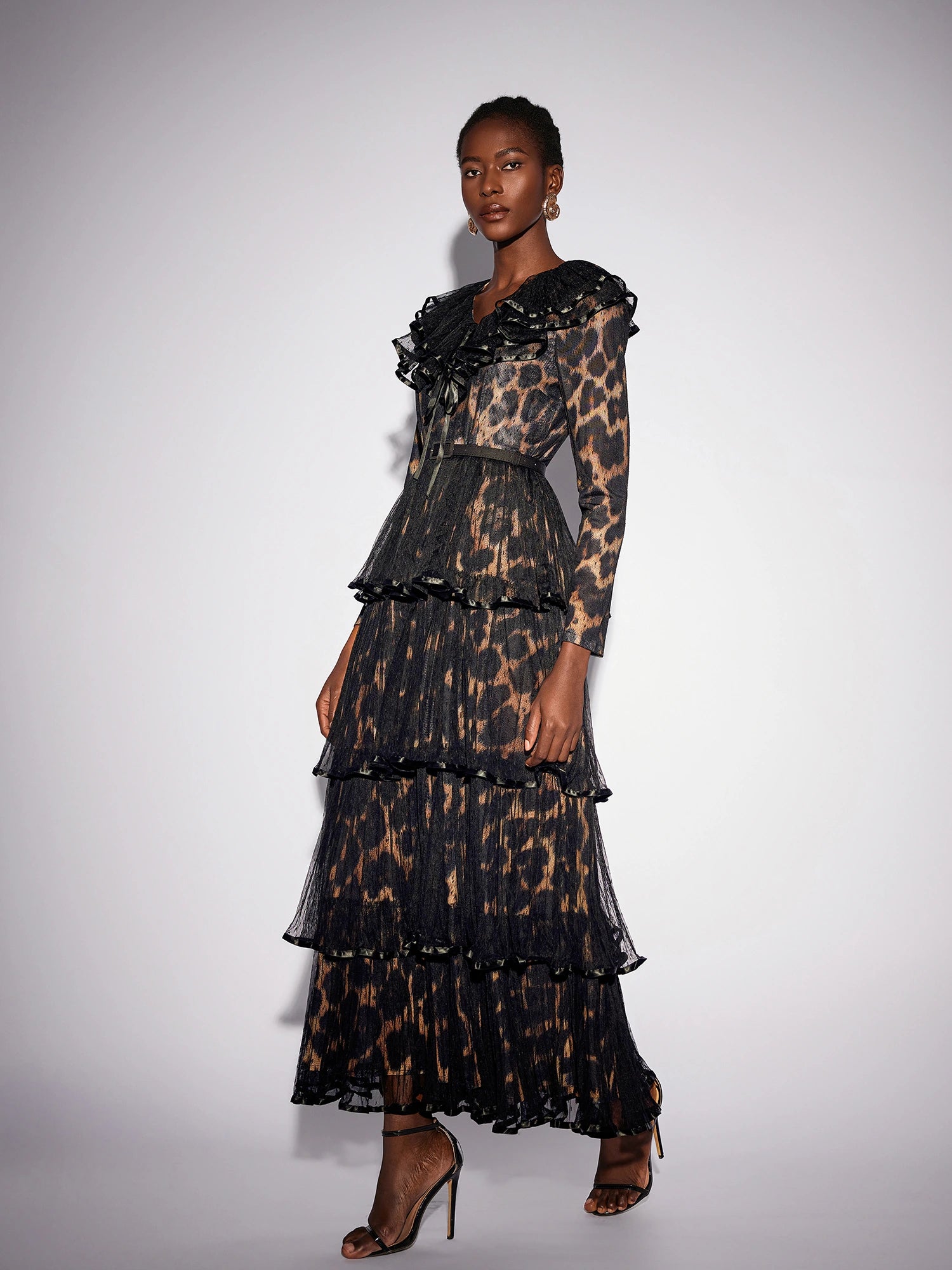 V-Neck Leopard Pleated Mesh Maxi Dress|NOOSGOP