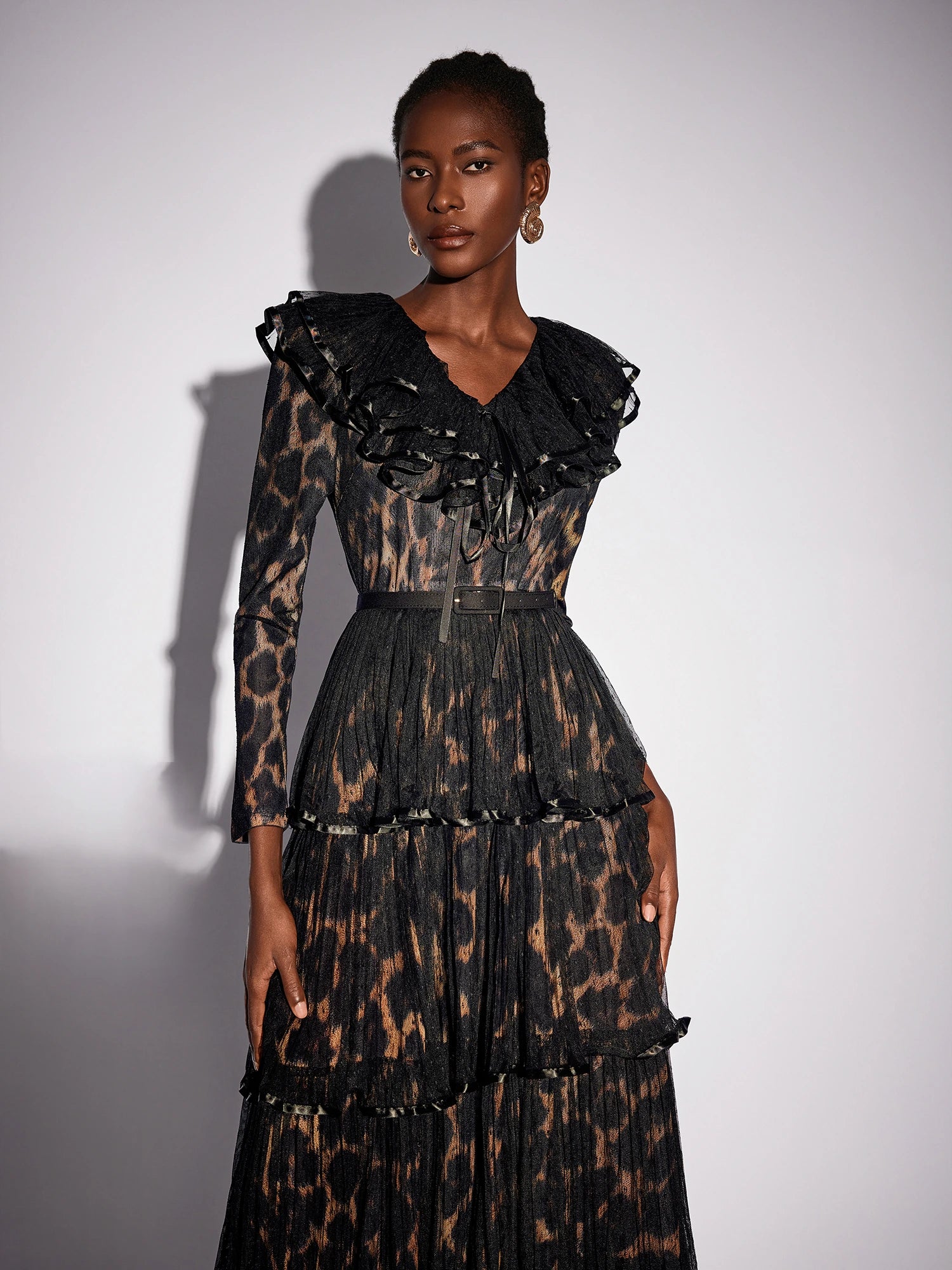 V-Neck Leopard Pleated Mesh Maxi Dress|NOOSGOP