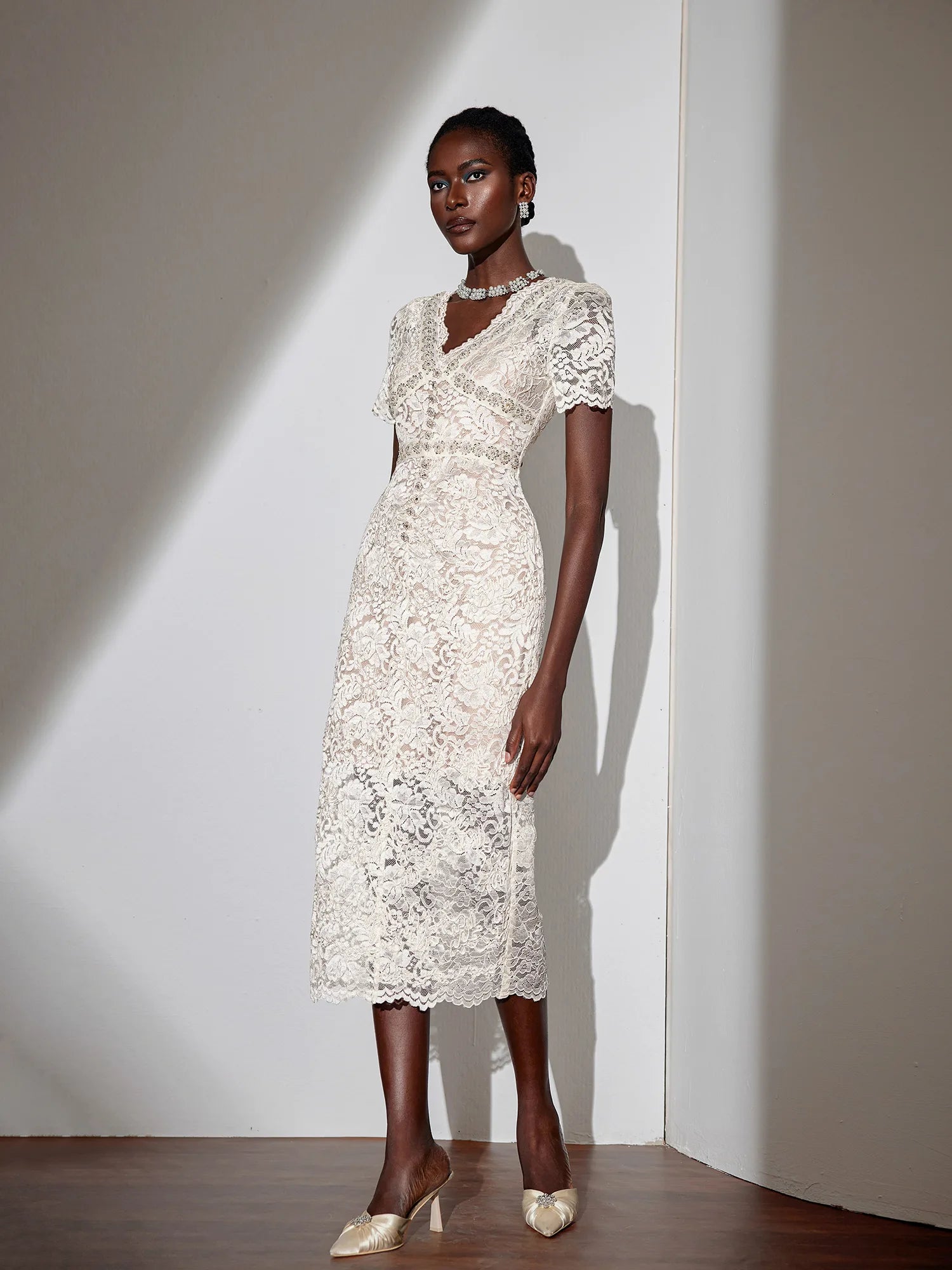 V-Neck Mesh Midi Dress|NOOSGOP