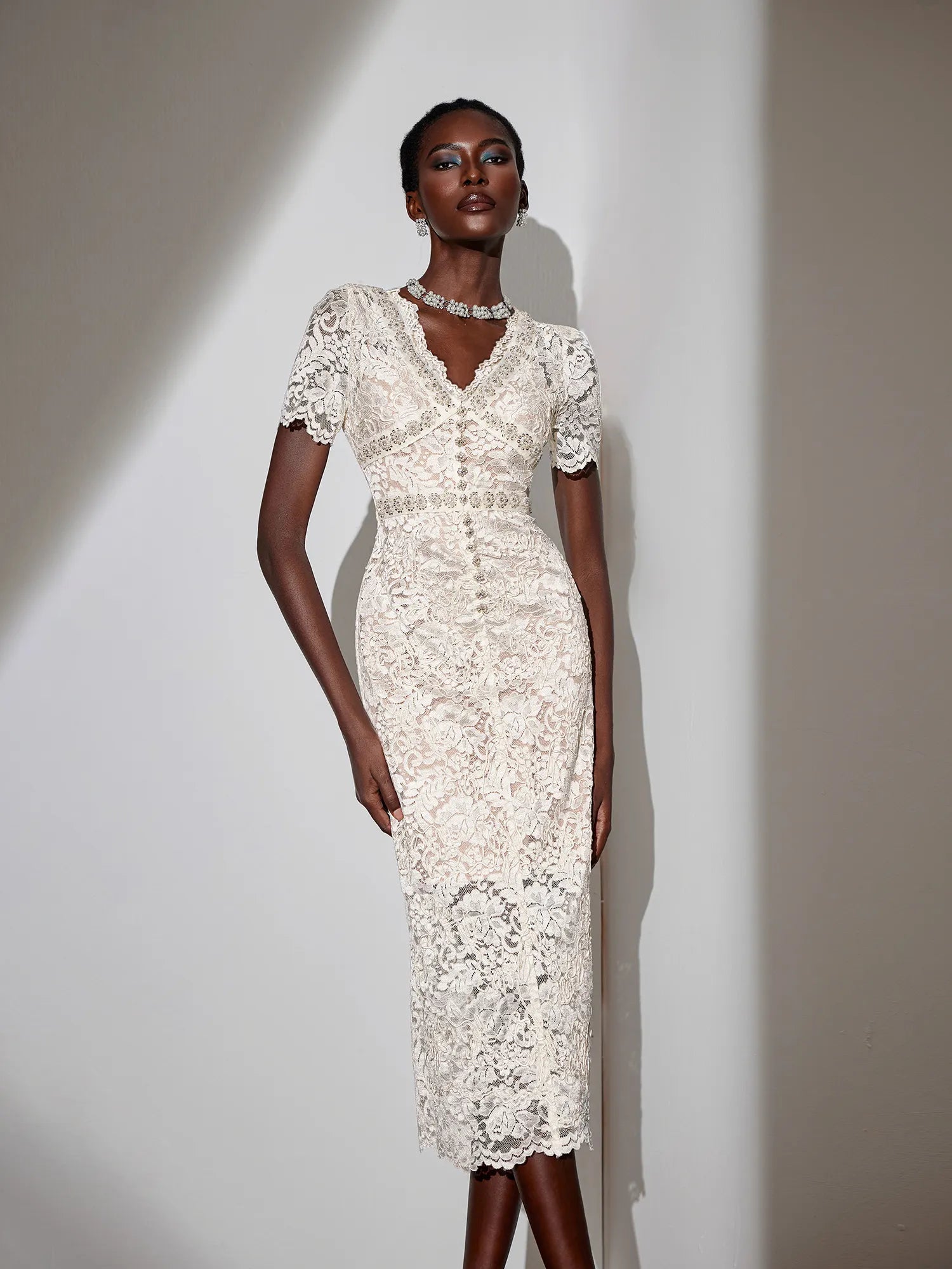 V-Neck Mesh Midi Dress|NOOSGOP