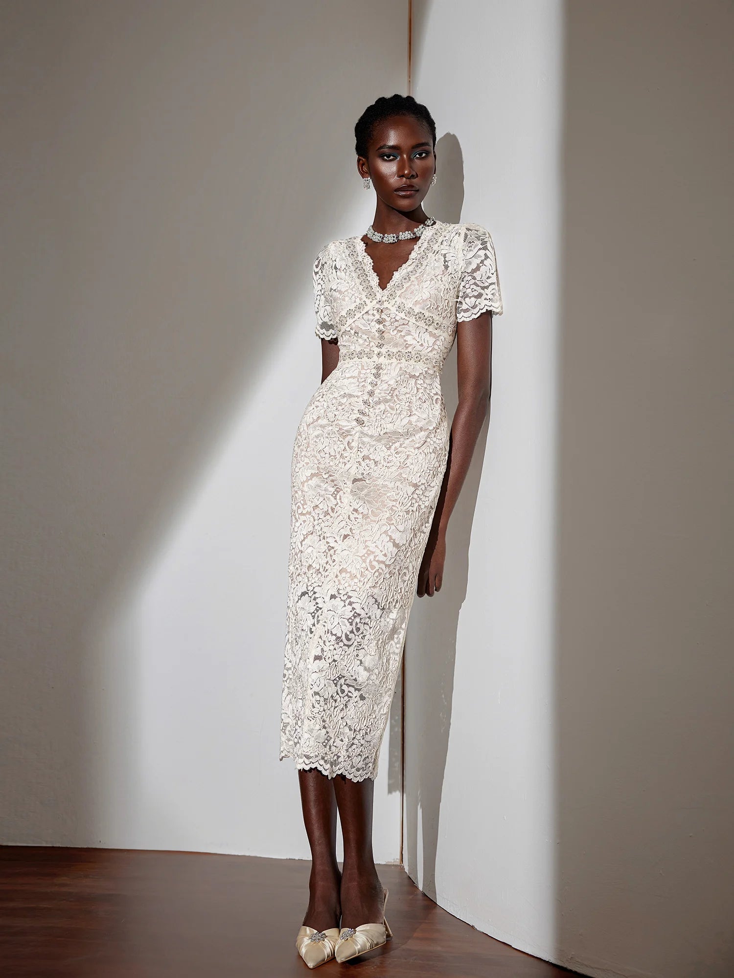 V-Neck Mesh Midi Dress|NOOSGOP