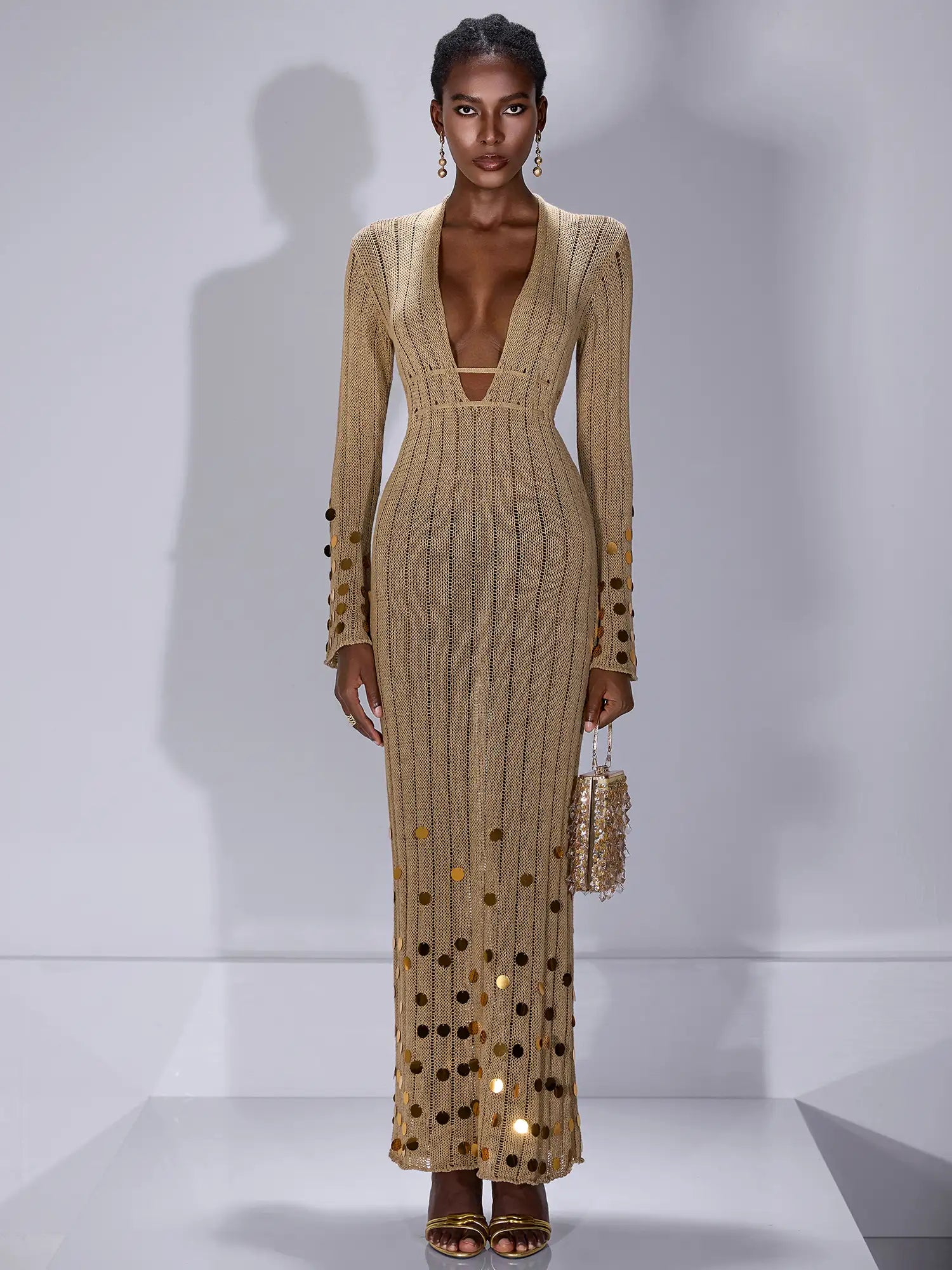 V-Neck Mesh Sequin Midi Dress|NOOSGOP