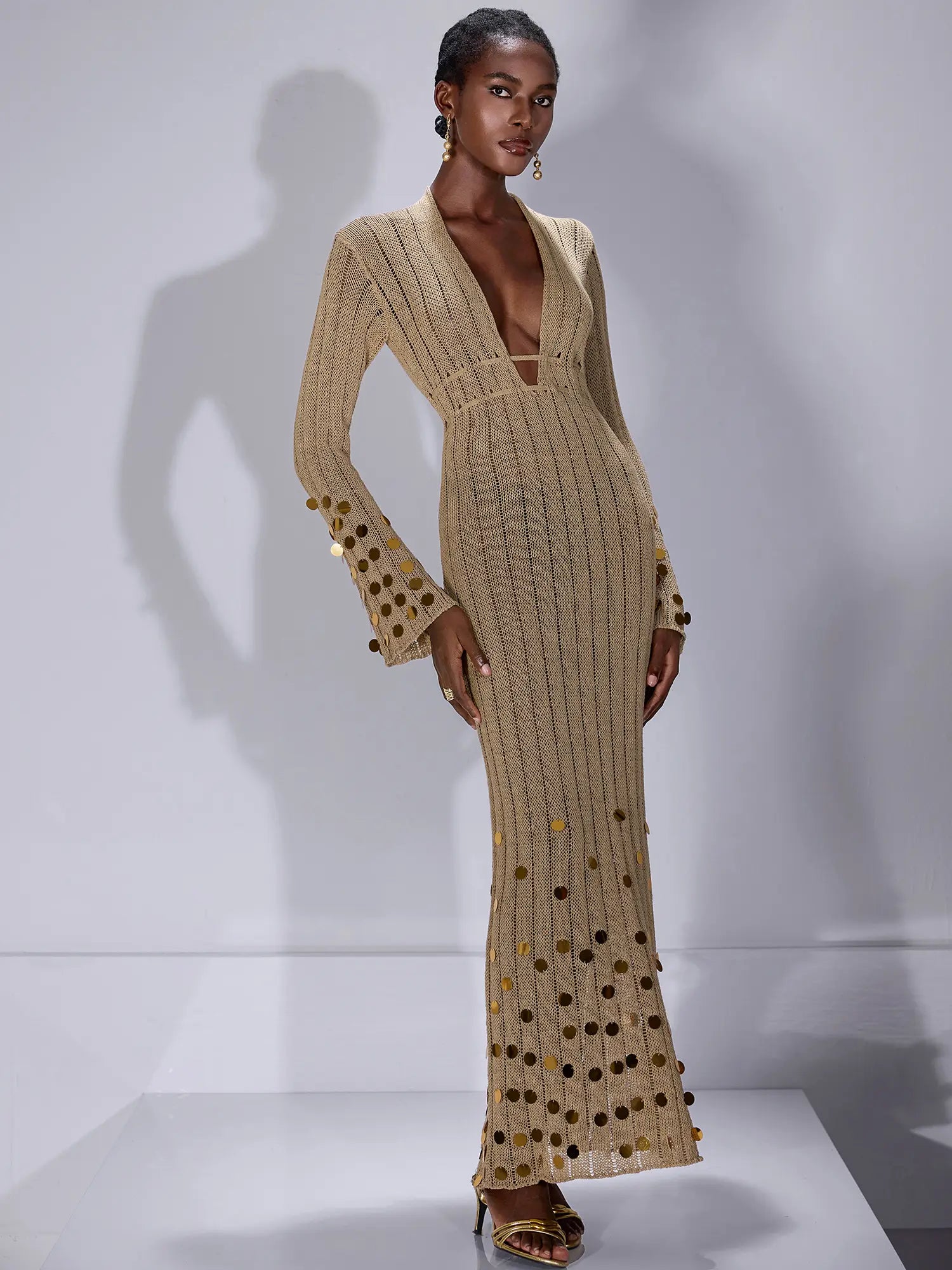 V-Neck Mesh Sequin Midi Dress|NOOSGOP