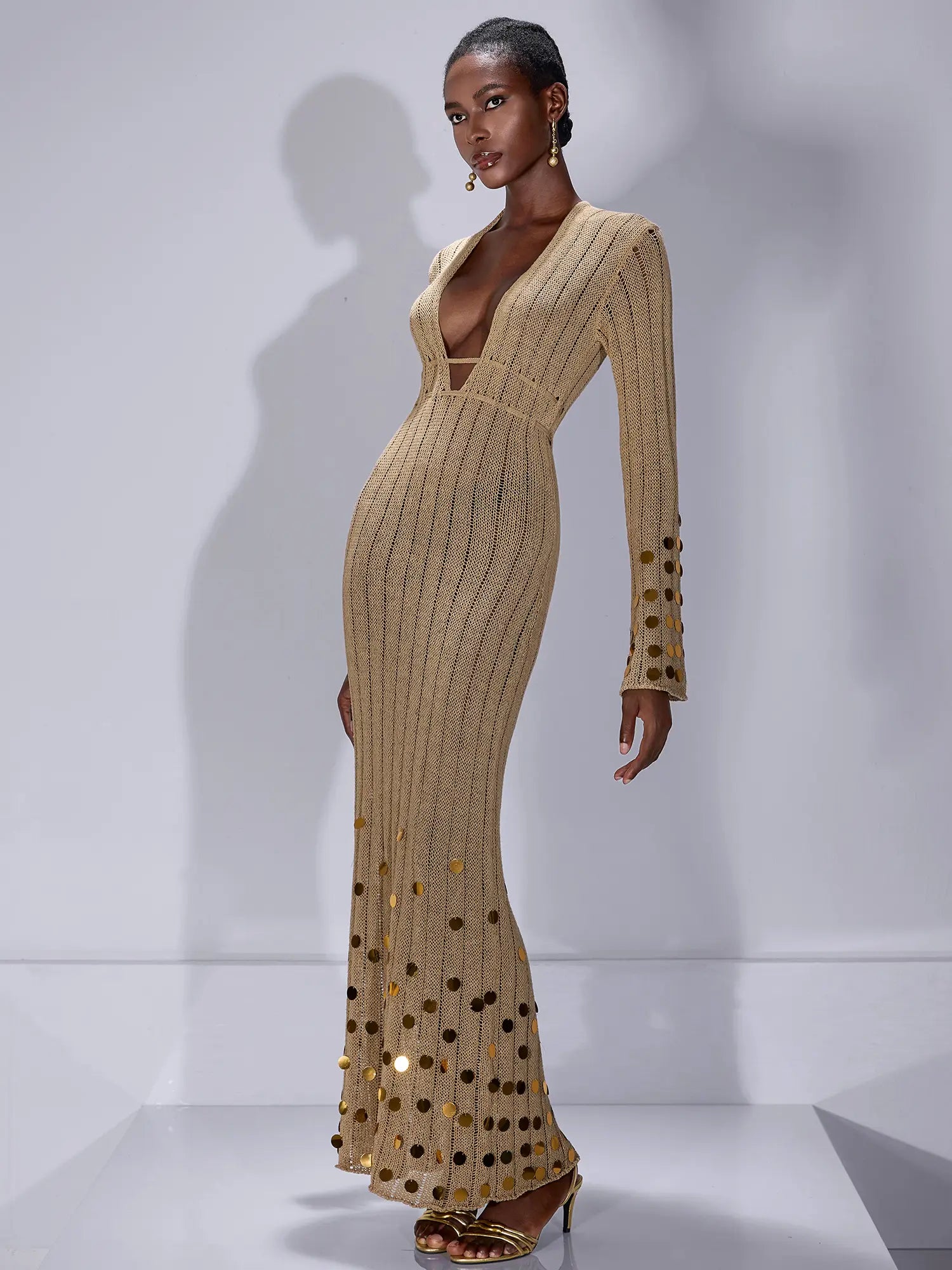 V-Neck Mesh Sequin Midi Dress|NOOSGOP