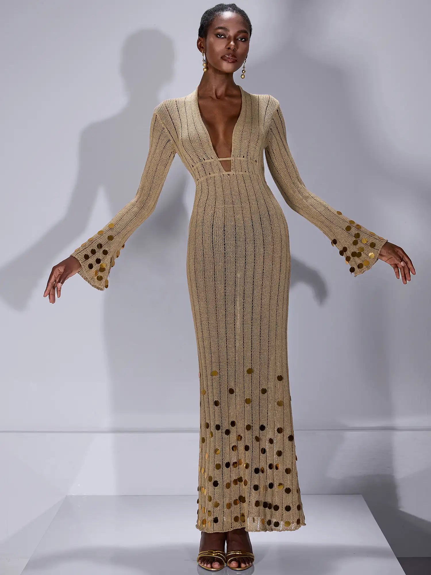 V-Neck Mesh Sequin Midi Dress|NOOSGOP