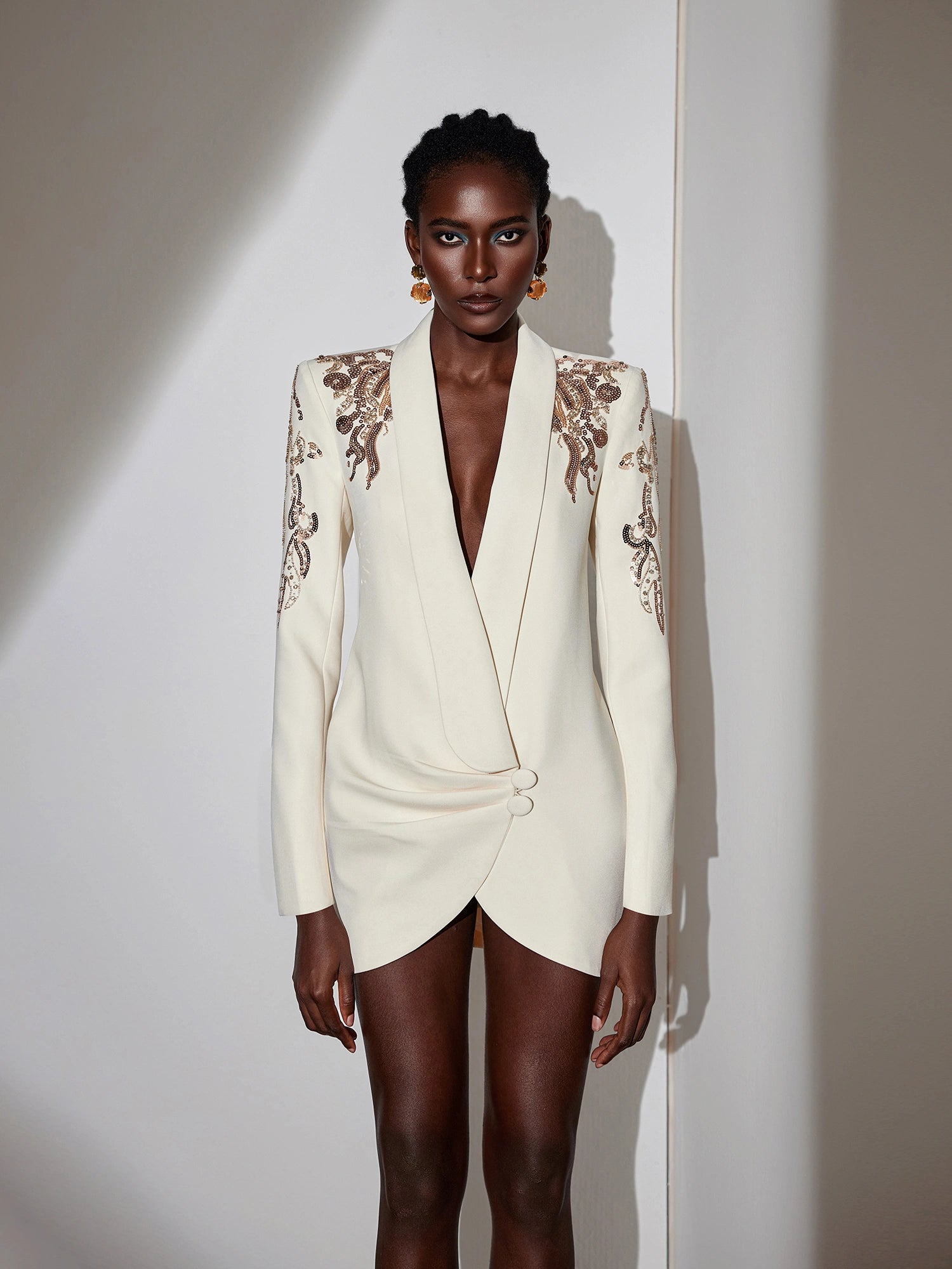 V-Neck Pleated Button-Front Mini Dress|NOOSGOP