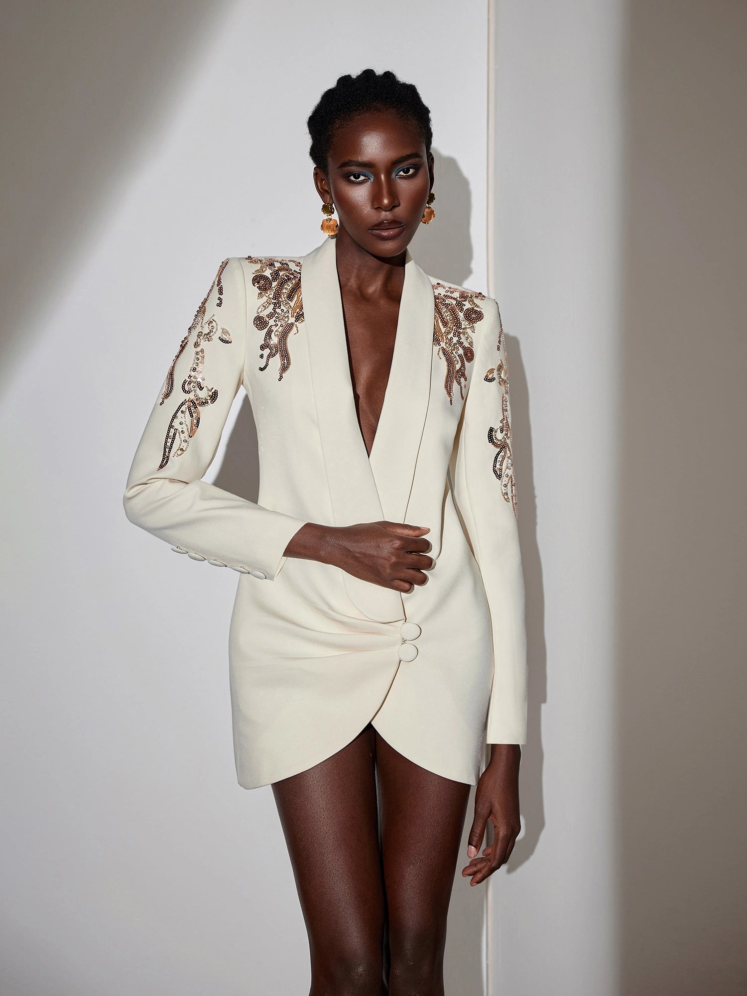 V-Neck Pleated Button-Front Mini Dress|NOOSGOP