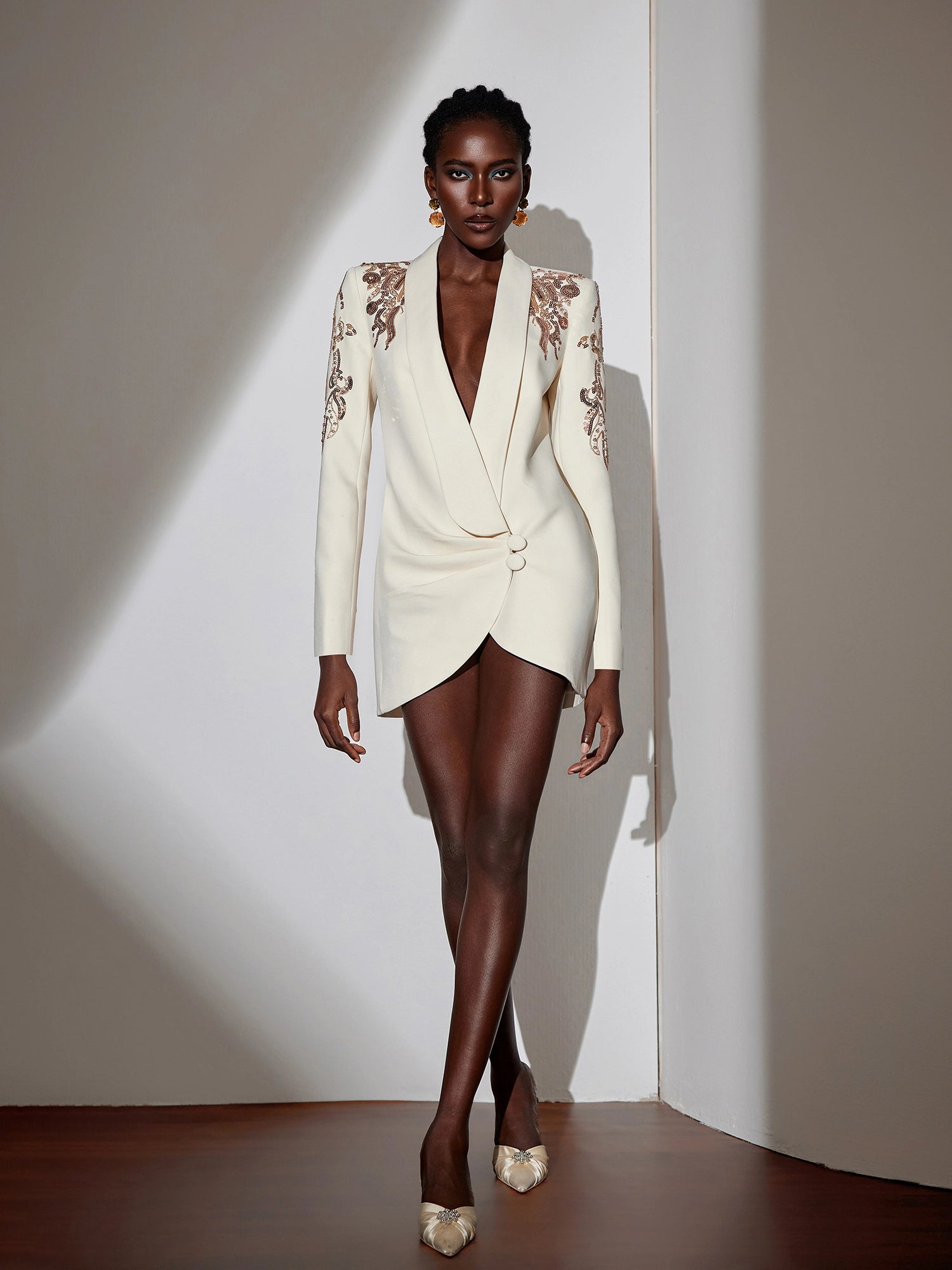 V-Neck Pleated Button-Front Mini Dress|NOOSGOP