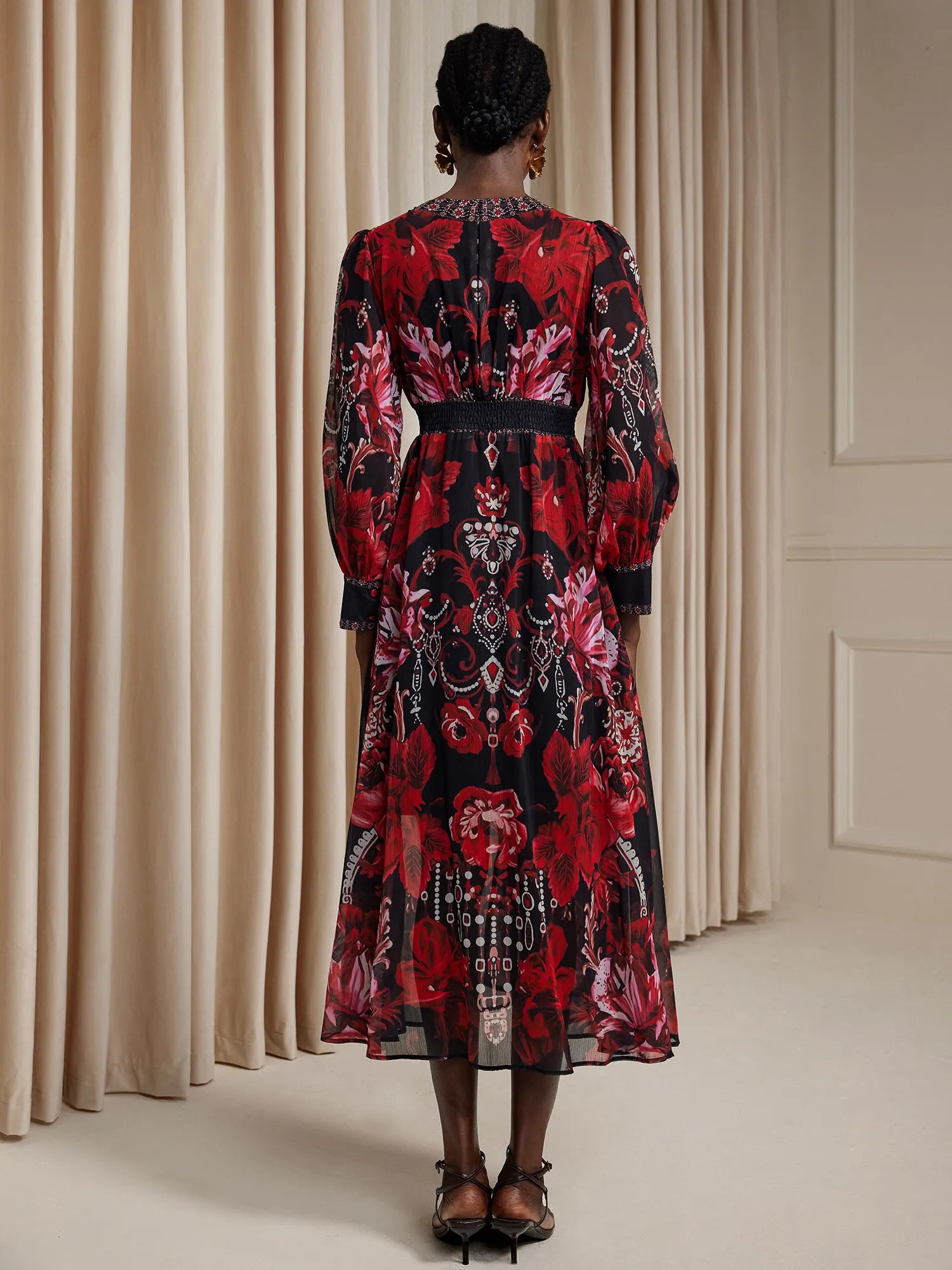 V-Neck Printed Vintage Midi Dress|NOOSGOP