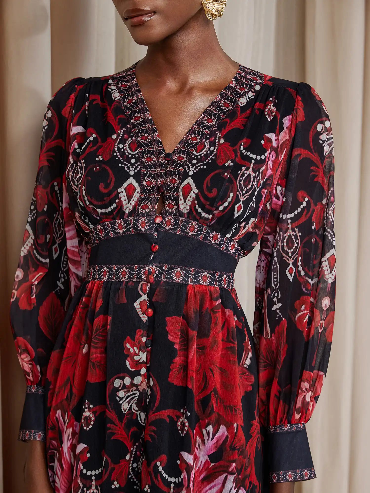 V-Neck Printed Vintage Midi Dress|NOOSGOP