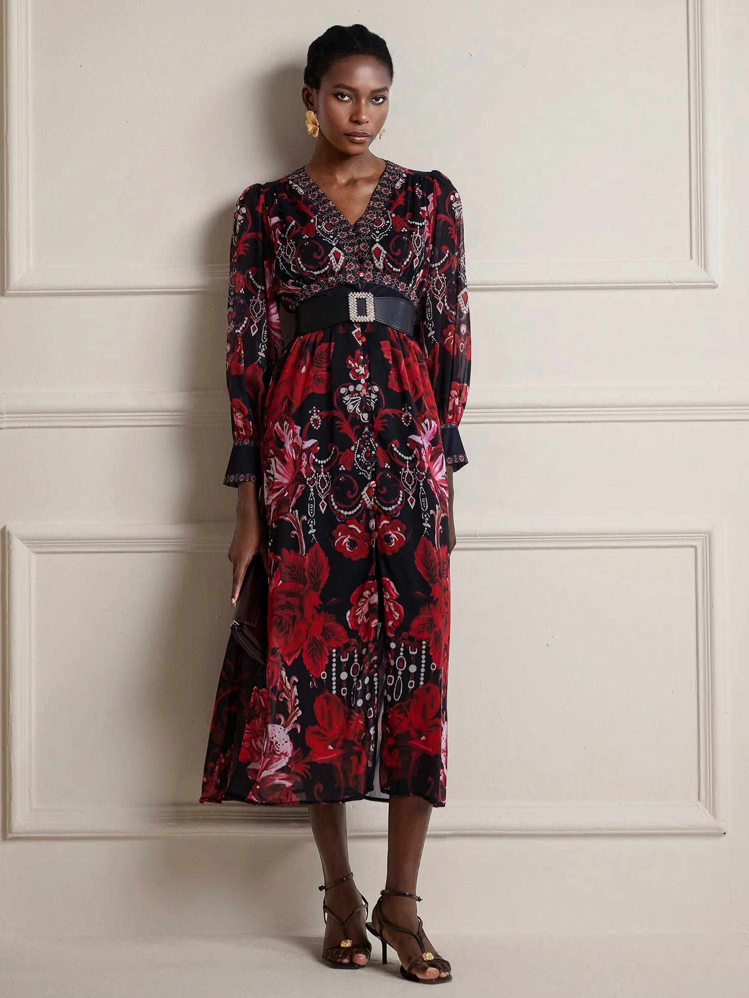 V-Neck Printed Vintage Midi Dress|NOOSGOP